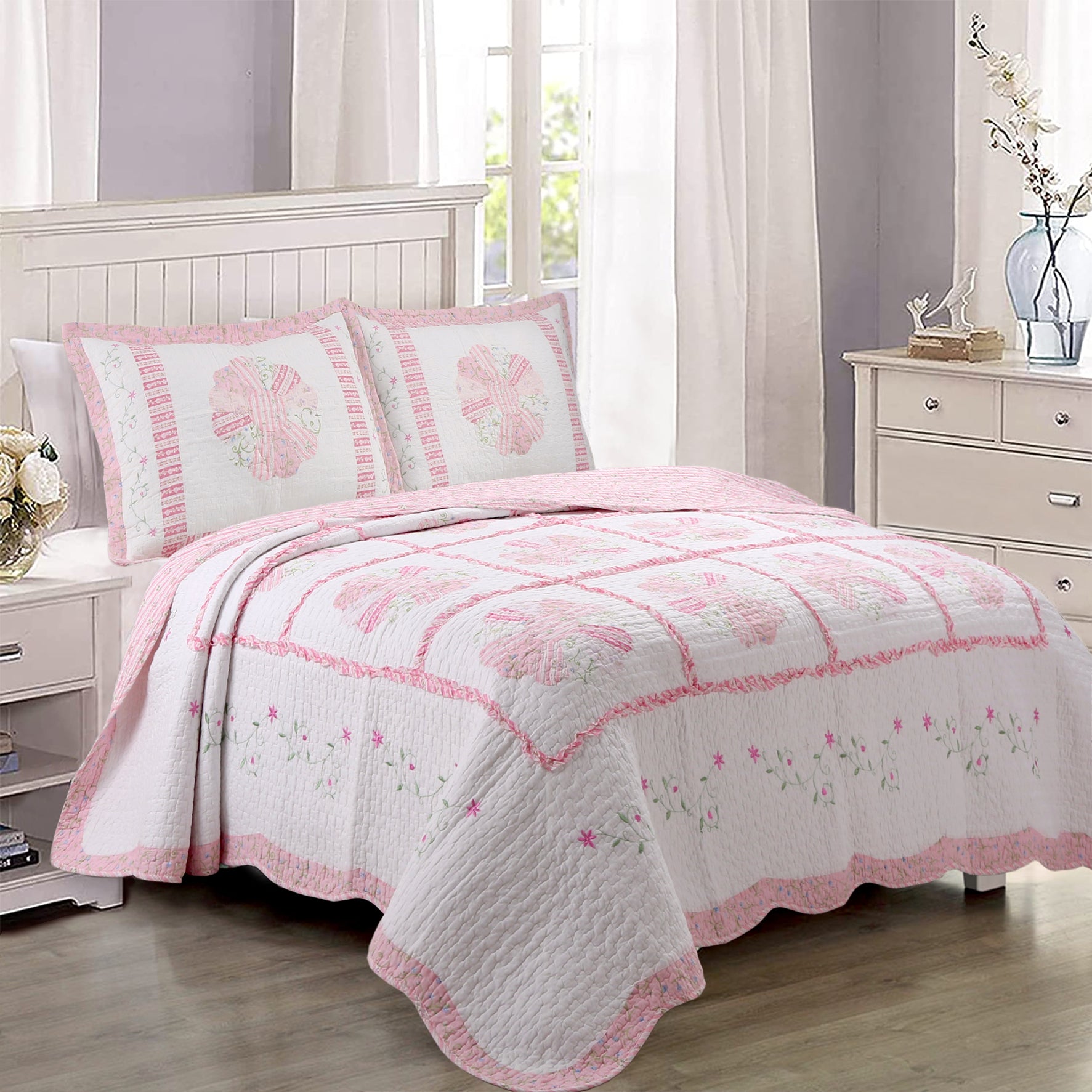 Daisy Field Floral Pink Ruffle Embroidery Garden Real Patchwork Cotton  Reversible Quilt Bedding Set