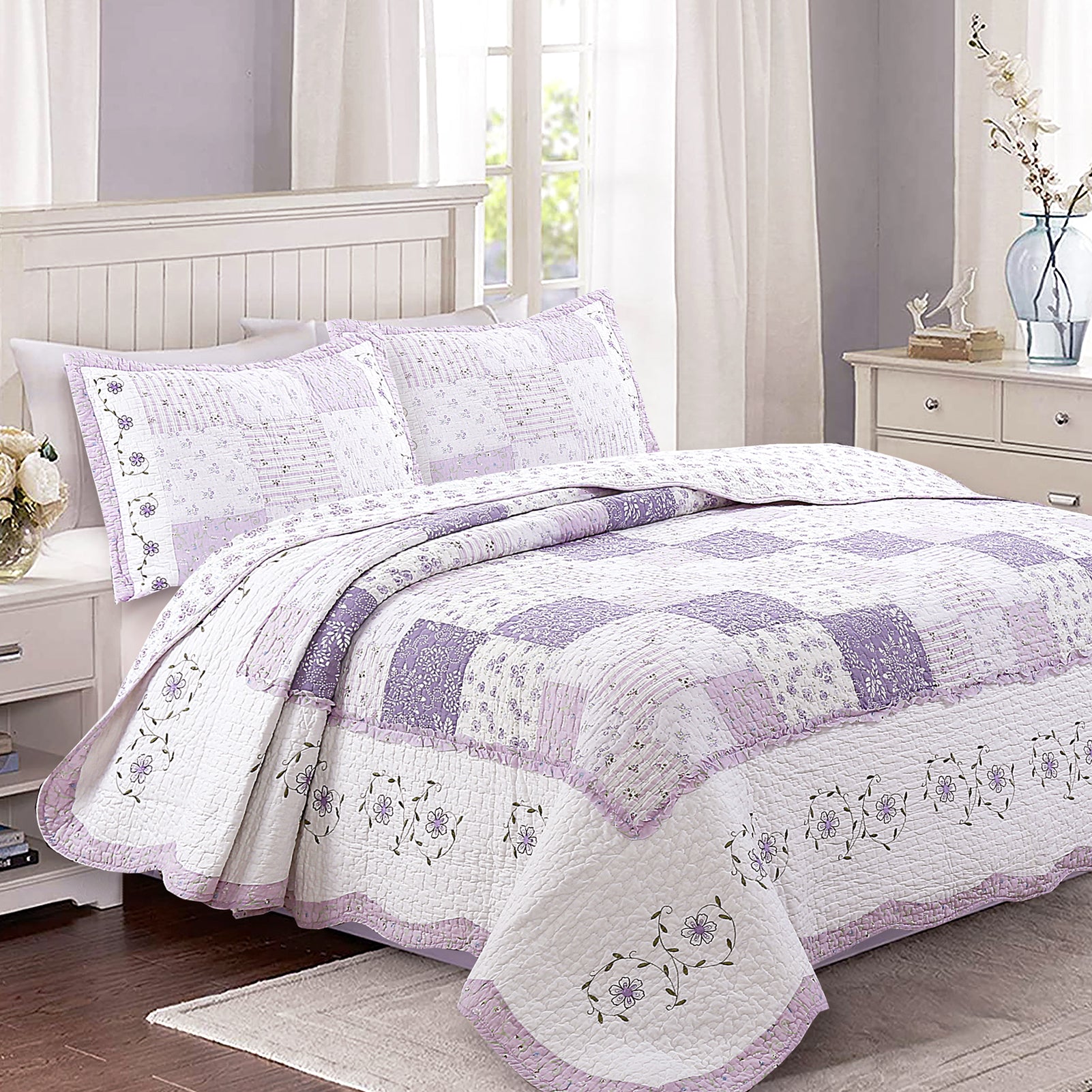 Ryleigh Floral Real Patchwork Country Garden Fall Flowers Paisley 3-Piece  Cotton Reversible Quilt Bedding Set