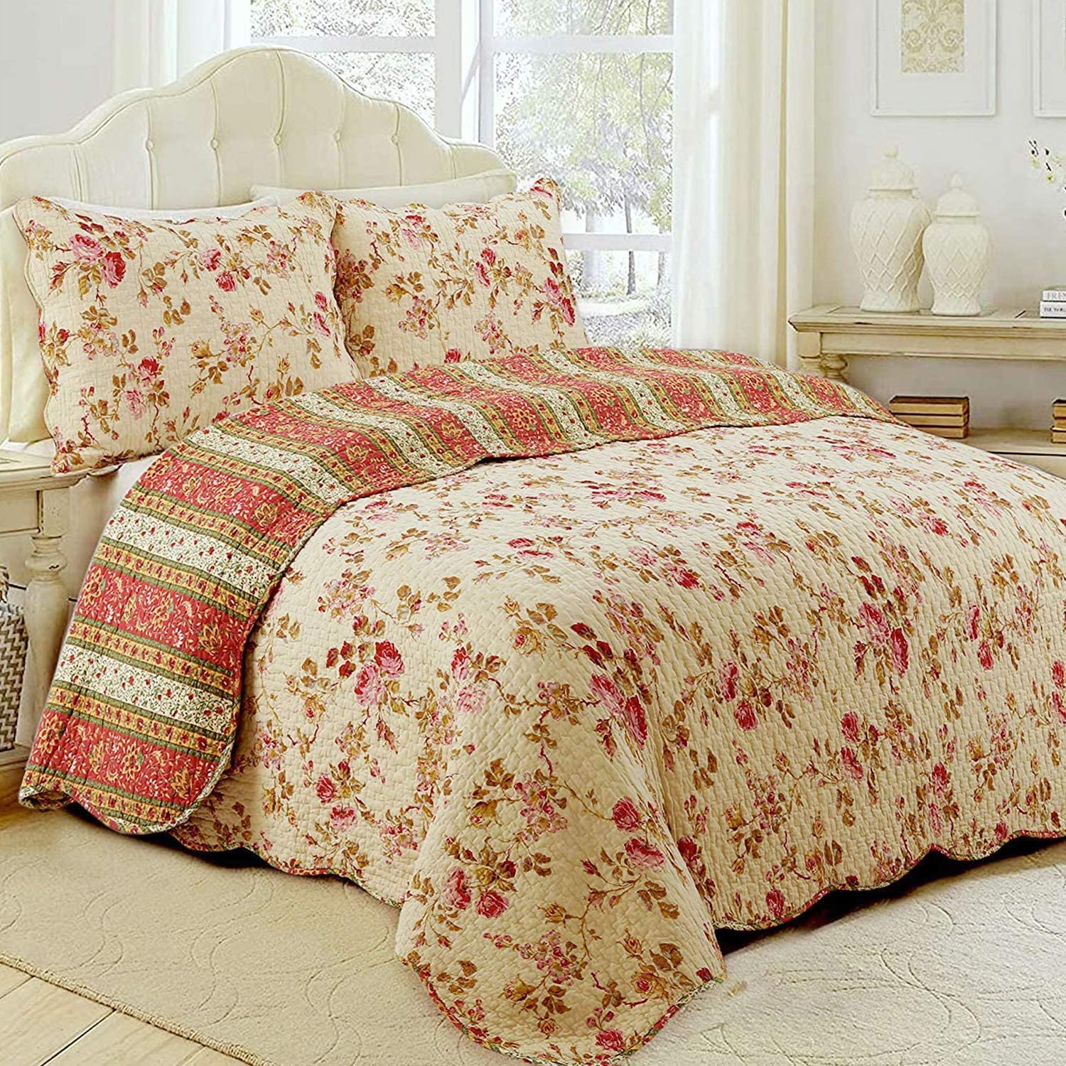 Vintage Rose Floral Cotton Quilted Scalloped 3-Piece Reversible Quilt –  Cozy Line Home Fashions