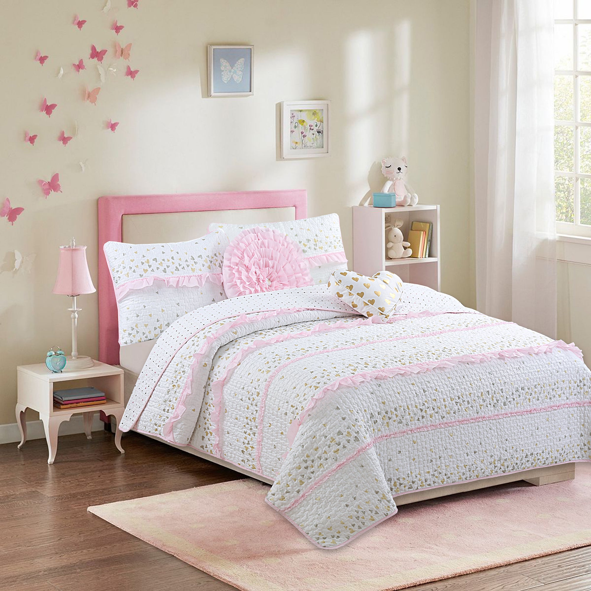 Sweet Heart Polka Dot Pink Ruffle Cotton Reversible Quilt Bedding