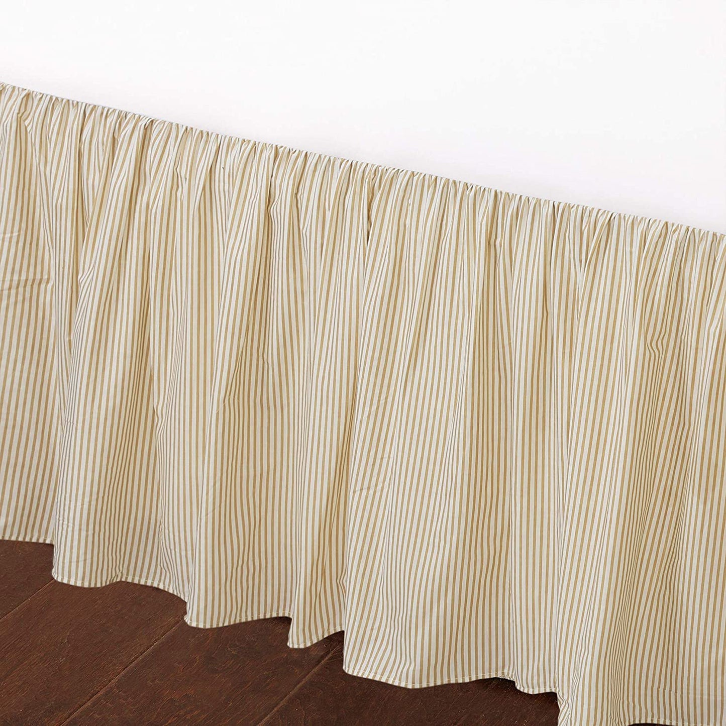 Tailored Bed Skirt Farmhouse Ticking Cream Yellow Caramel Cotton Striped Ruffled Dust Ruffle,  16" Drop