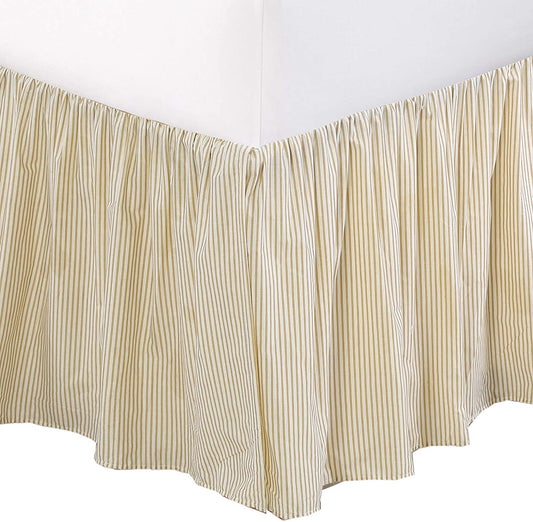 Tailored Bed Skirt Farmhouse Ticking Cream Yellow Caramel Cotton Striped Ruffled Dust Ruffle,  16" Drop