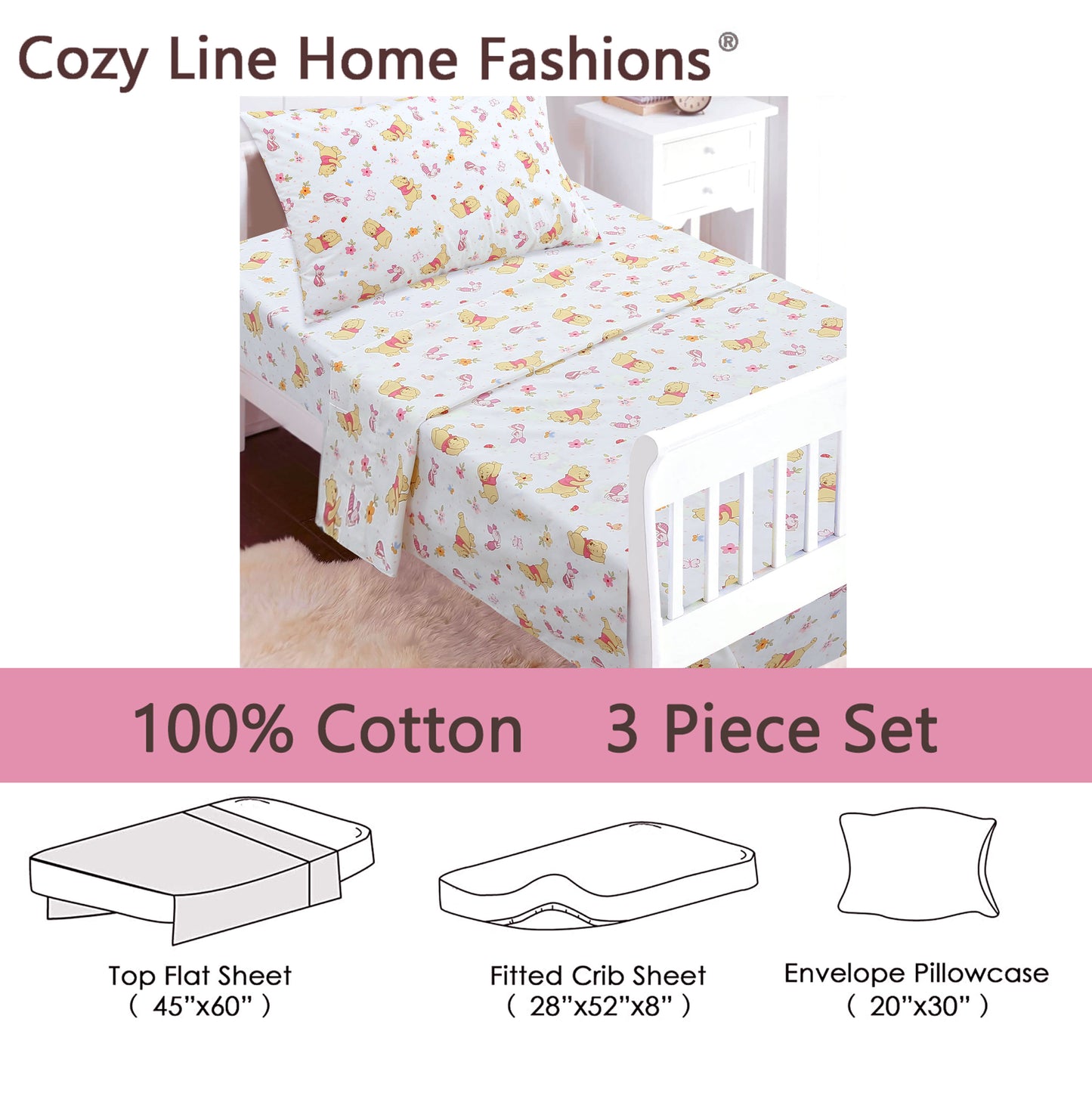 3-Piece Crib/Toddler Cotton Sheet Set Pink Piglet & Pooh Floral Garden