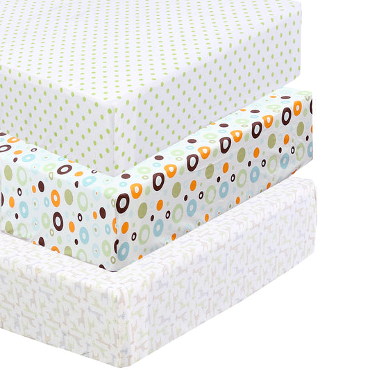 3 Piece Crib/Toddler Cotton Fitted Sheets Green Yellow Polka Dots & Giraffes