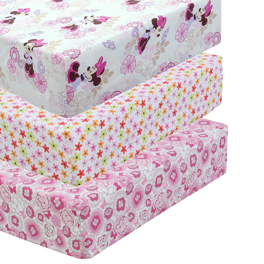 3 Piece Crib/Toddler Cotton Fitted Sheets Minnie's Pink Garden Butterfly Peony Floral Blossoms