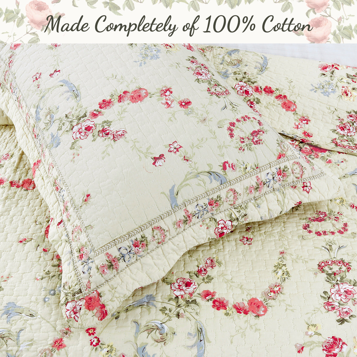 Rose Romance Floral Cotton Reversible Quilt Bedding Set