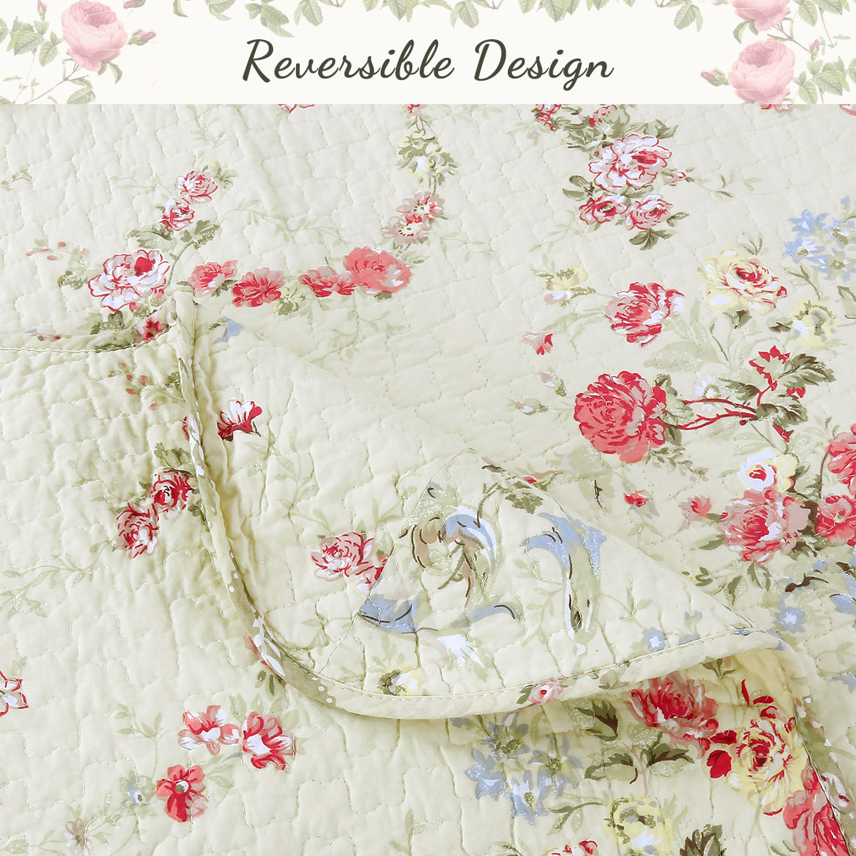 Rose Romance Floral Cotton Reversible Quilt Bedding Set