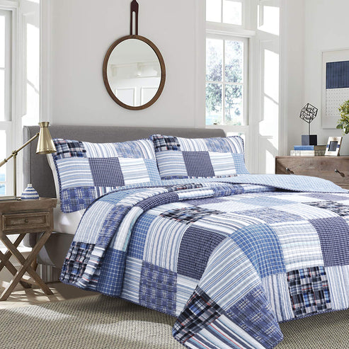 Daniel Stripe Plaid Blue Real Patchwork Cotton Reversible Quilt Beddin ...