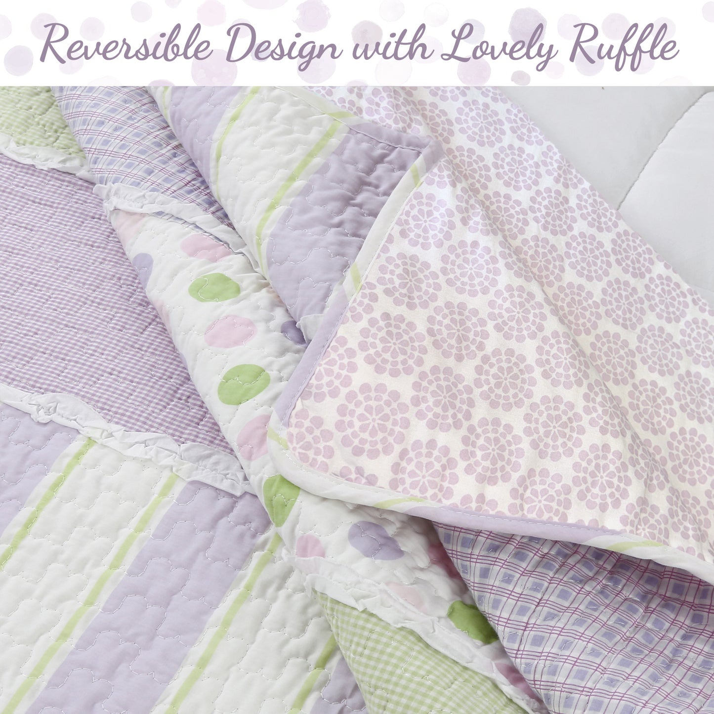 Lilac Purple Green Stripe Polka Dot Checker White Ruffle Real Patchwork Cotton Reversible Quilt Bedding Set