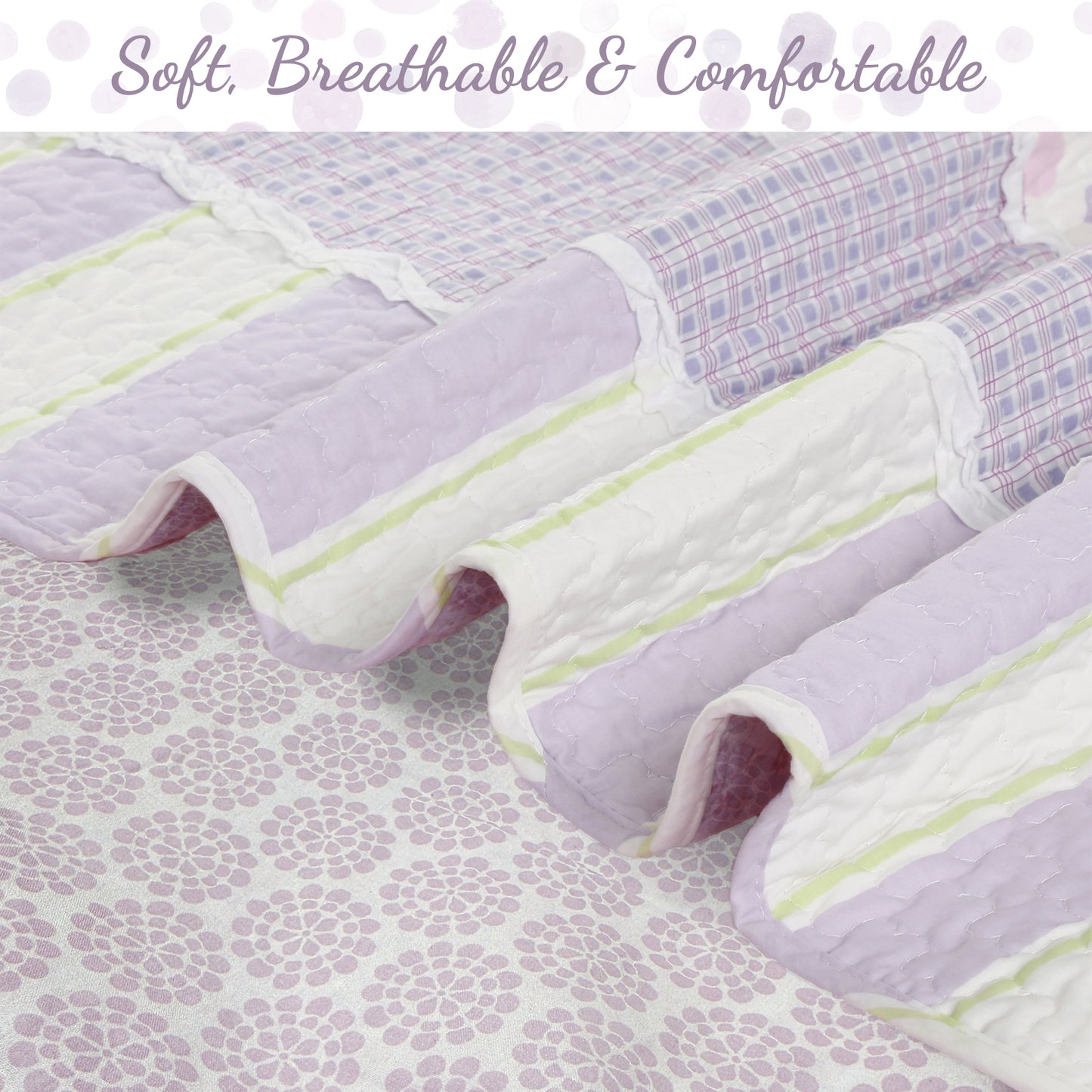 Lilac Purple Green Stripe Polka Dot Checker White Ruffle Real Patchwork Cotton Reversible Quilt Bedding Set