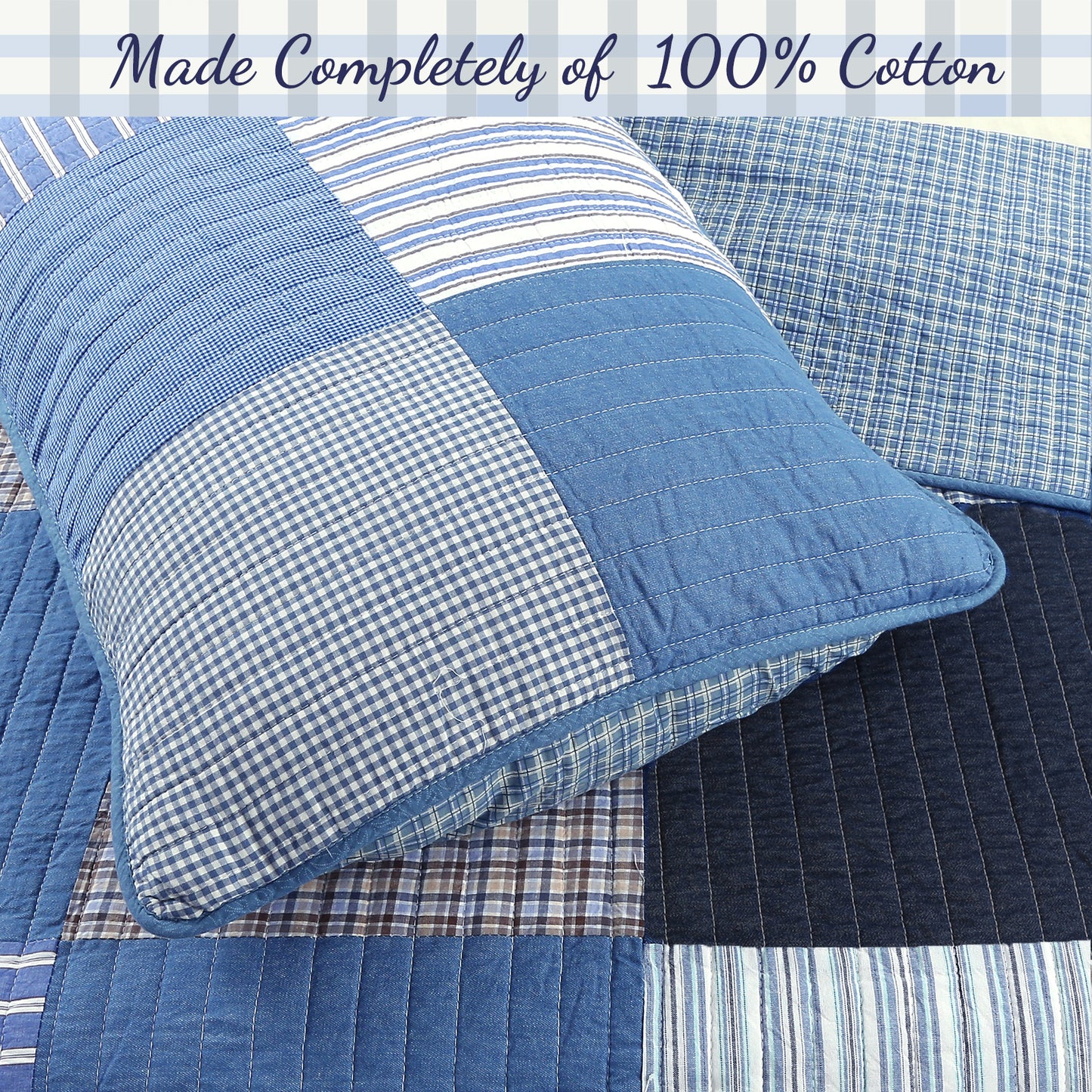 Blue Jean Plaid Stripes Tartan Real Patchwork Cotton Reversible Quilt Bedding Set