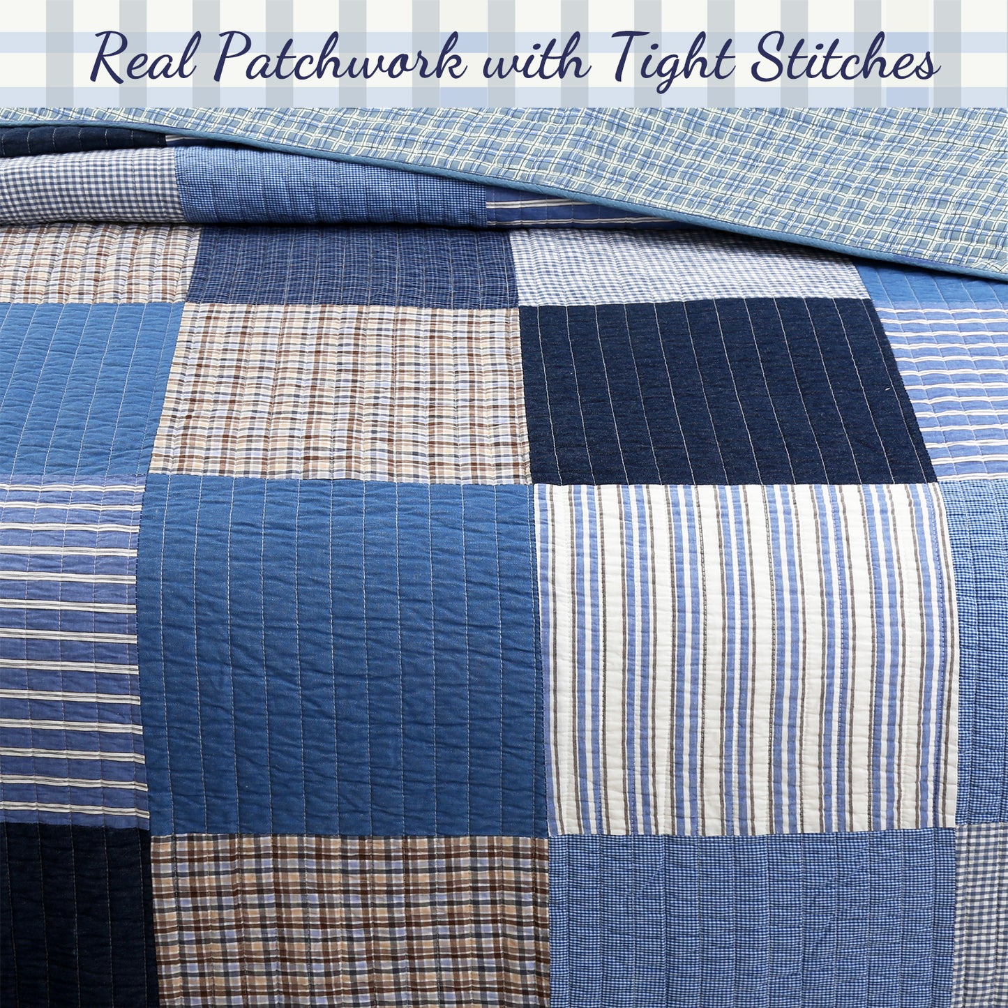 Blue Jean Plaid Stripes Tartan Real Patchwork Cotton Reversible Quilt Bedding Set