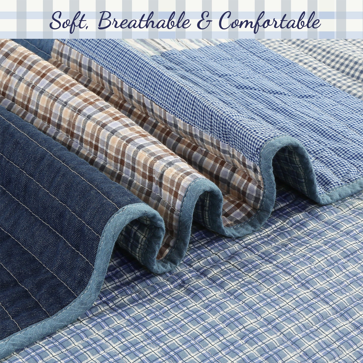 Blue Jean Plaid Stripes Tartan Real Patchwork Cotton Reversible Quilt Bedding Set