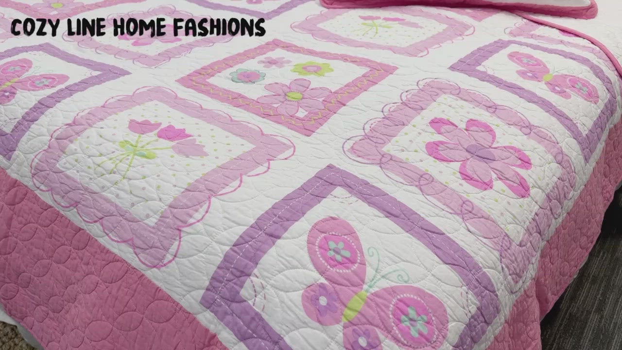 Butterfly Flower Pink Print Patchwork Twin Cotton Reversible Quilt