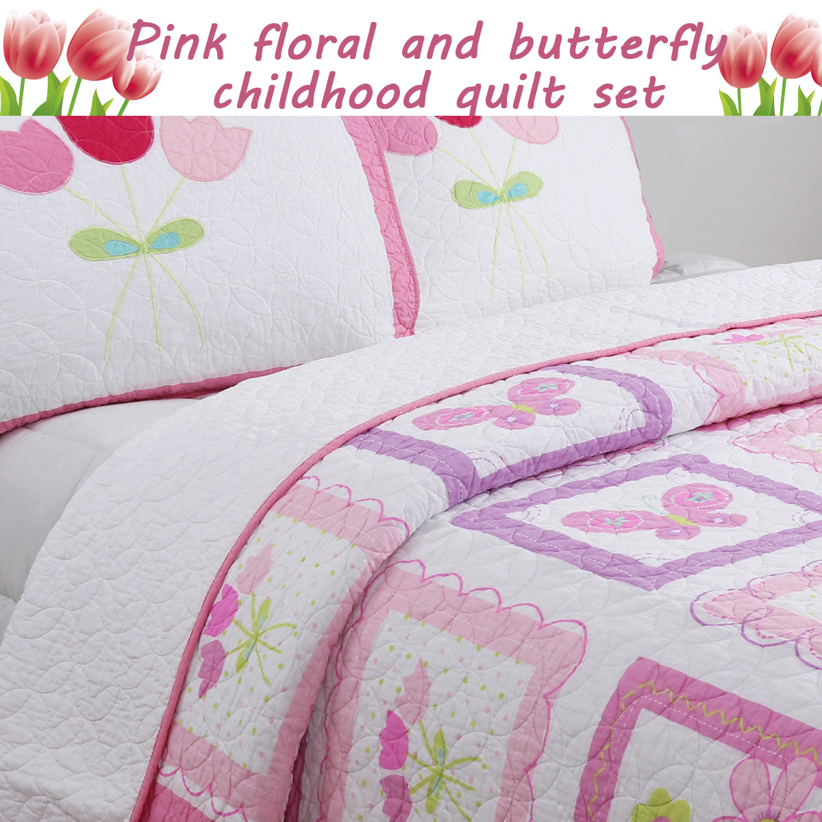 Butterfly Flower Pink Print Patchwork Twin Cotton Reversible Quilt