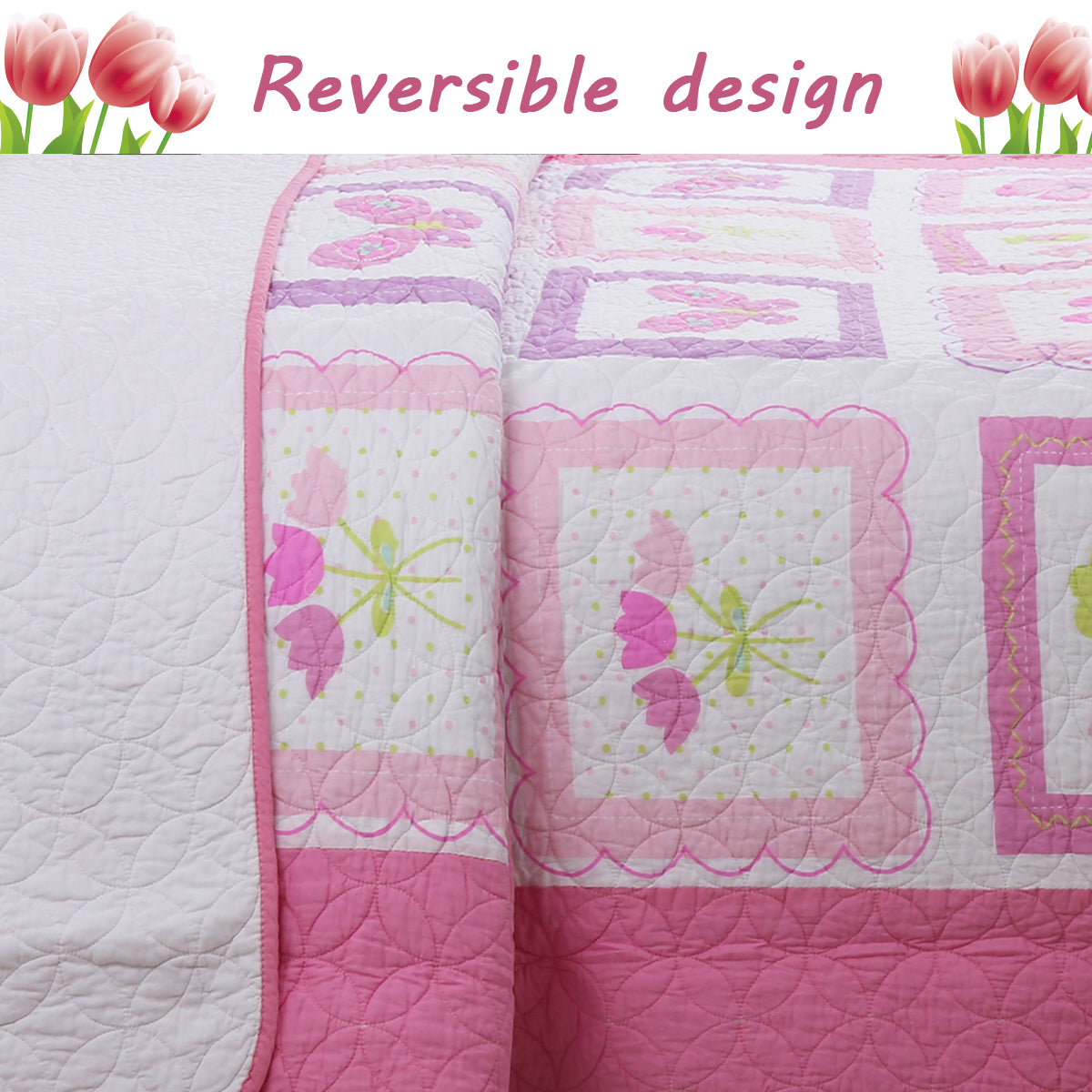 Butterfly Flower Pink Print Patchwork Twin Cotton Reversible Quilt