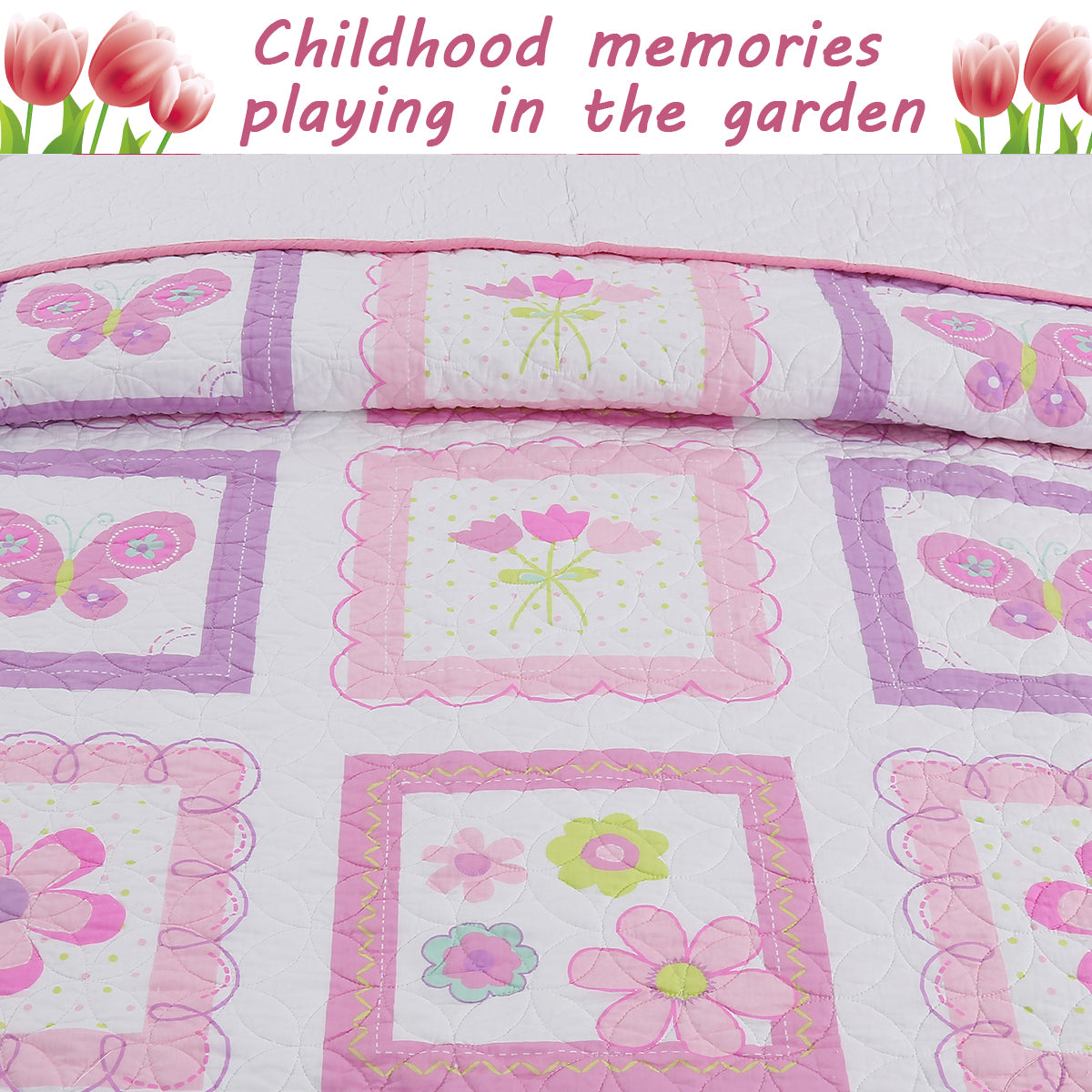 Butterfly Flower Pink Print Patchwork Twin Cotton Reversible Quilt