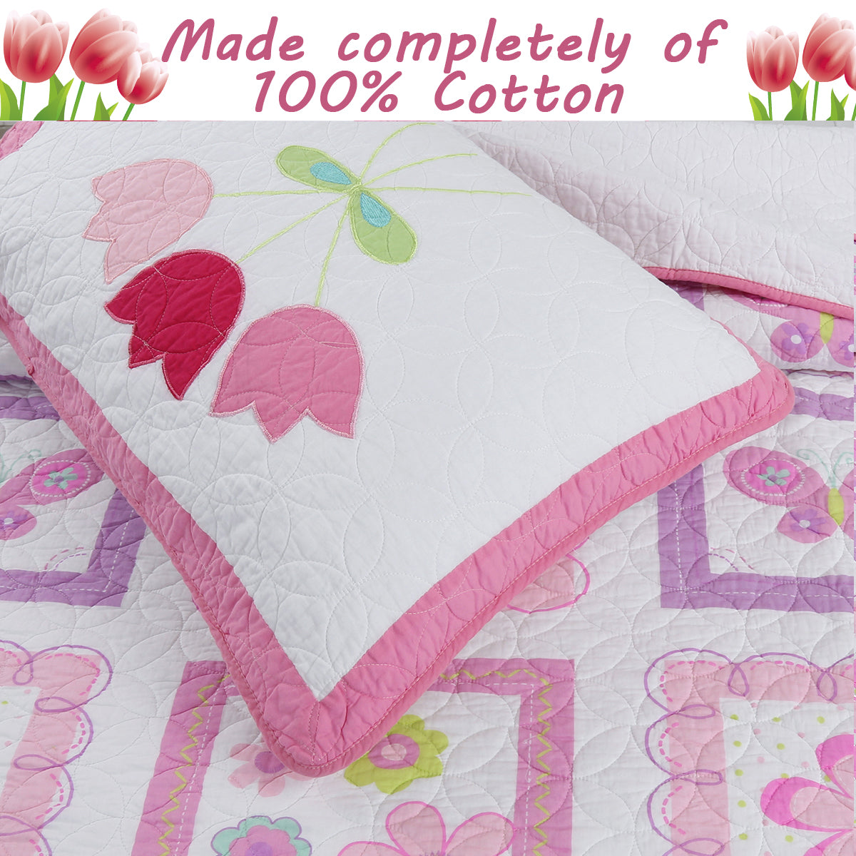 Butterfly Flower Pink Print Patchwork Twin Cotton Reversible Quilt