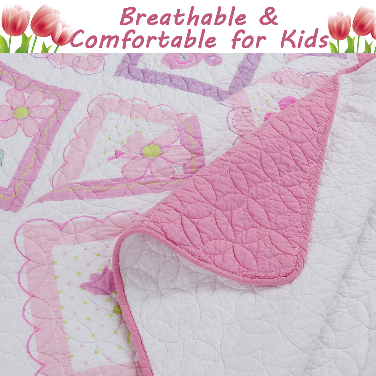 Butterfly Flower Pink Print Patchwork Twin Cotton Reversible Quilt Bedding  Set