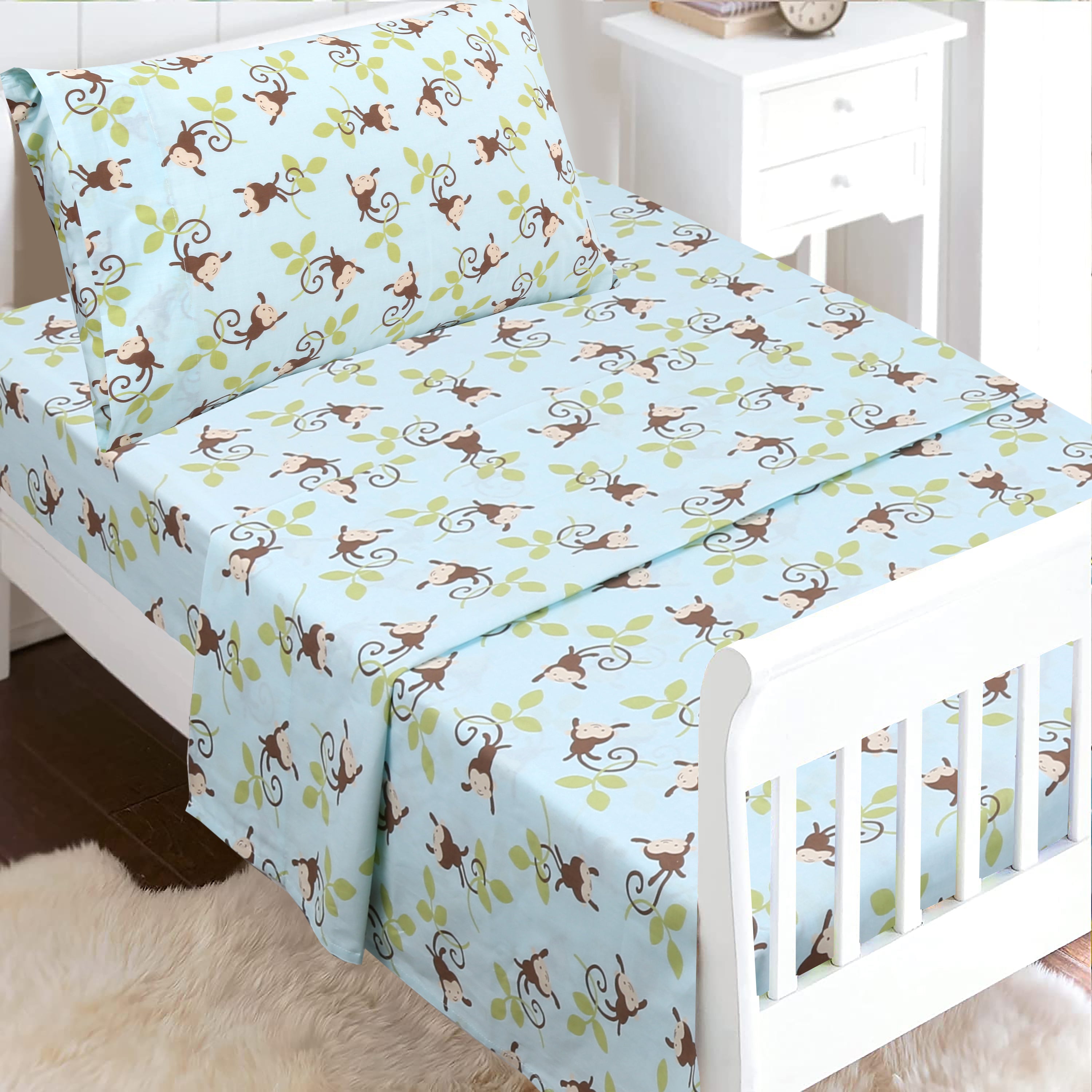 3 Piece Crib Toddler Cotton Sheet Set Blue Jungle Monkey Tails Swing Cozy Line Home Fashions