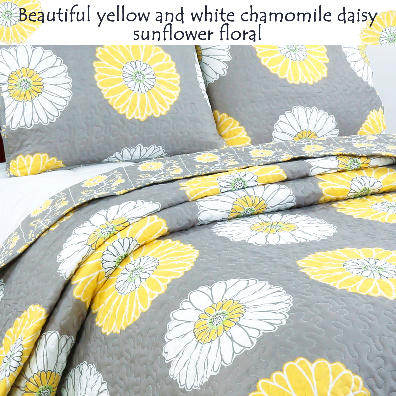 Anya Floral Print Yellow Grey Reversible Quilt Bedding Set – Cozy