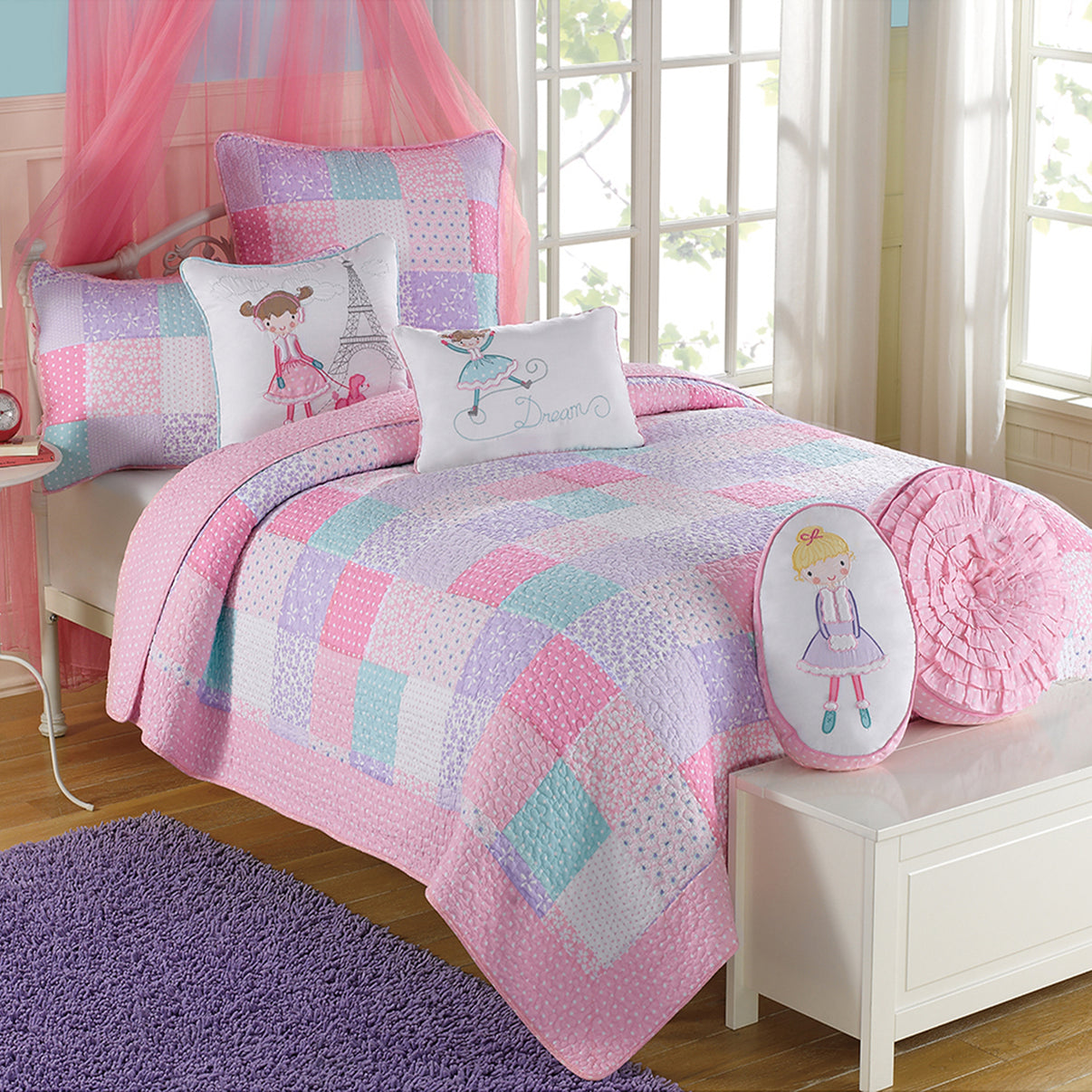 Angelina Pink Floral Dot Print Patchwork Cotton Reversible Quilt Beddi ...