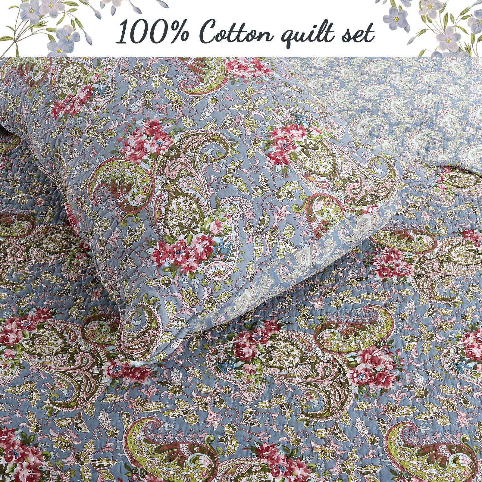 Floral Paisley Blue Cotton 3-Piece Reversible Quilt Bedding Set