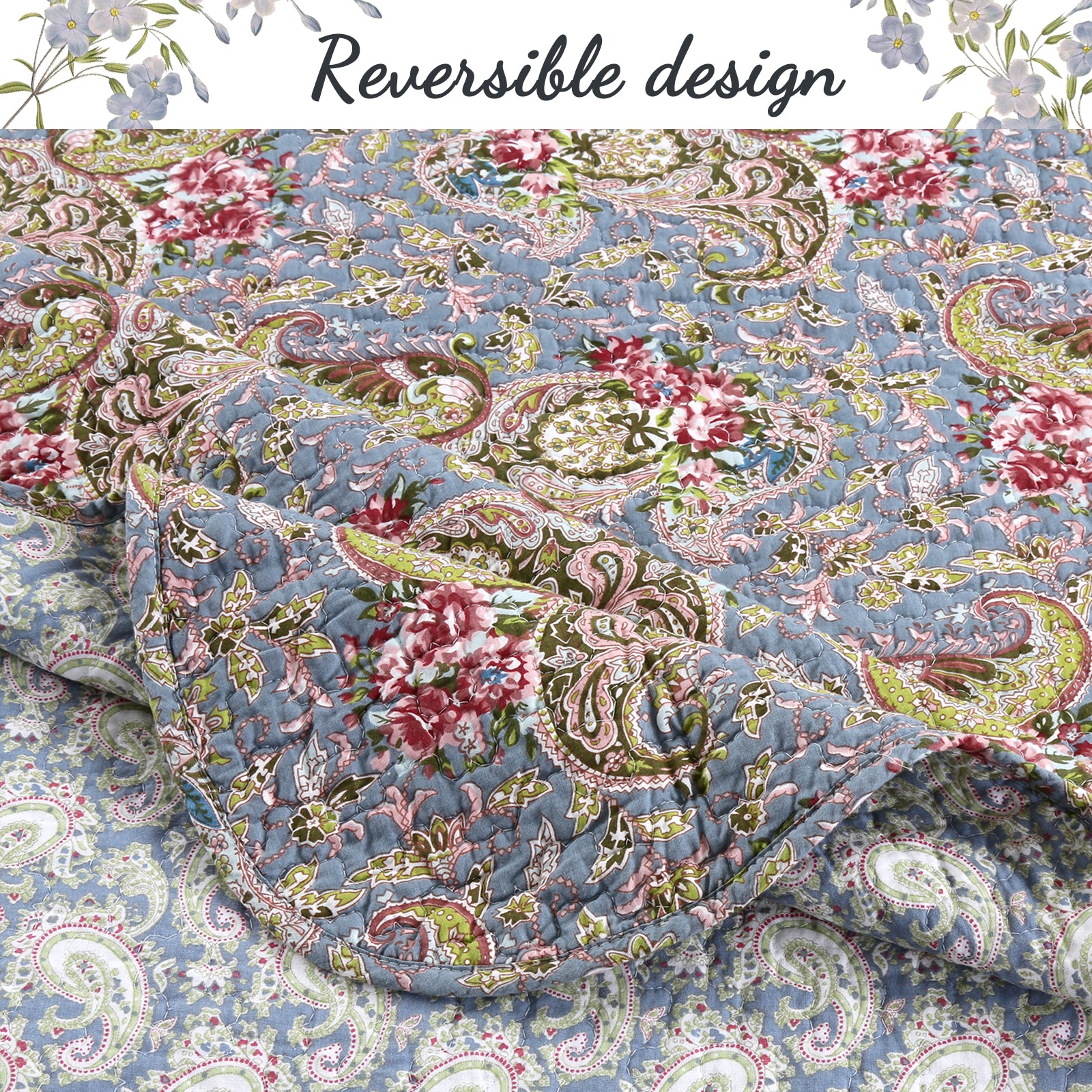 Floral Paisley Blue Cotton 3-Piece Reversible Quilt Bedding Set