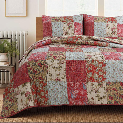 Adeline Floral 3-Peice Real Patchwork Cotton Reversible Quilt Bedding ...