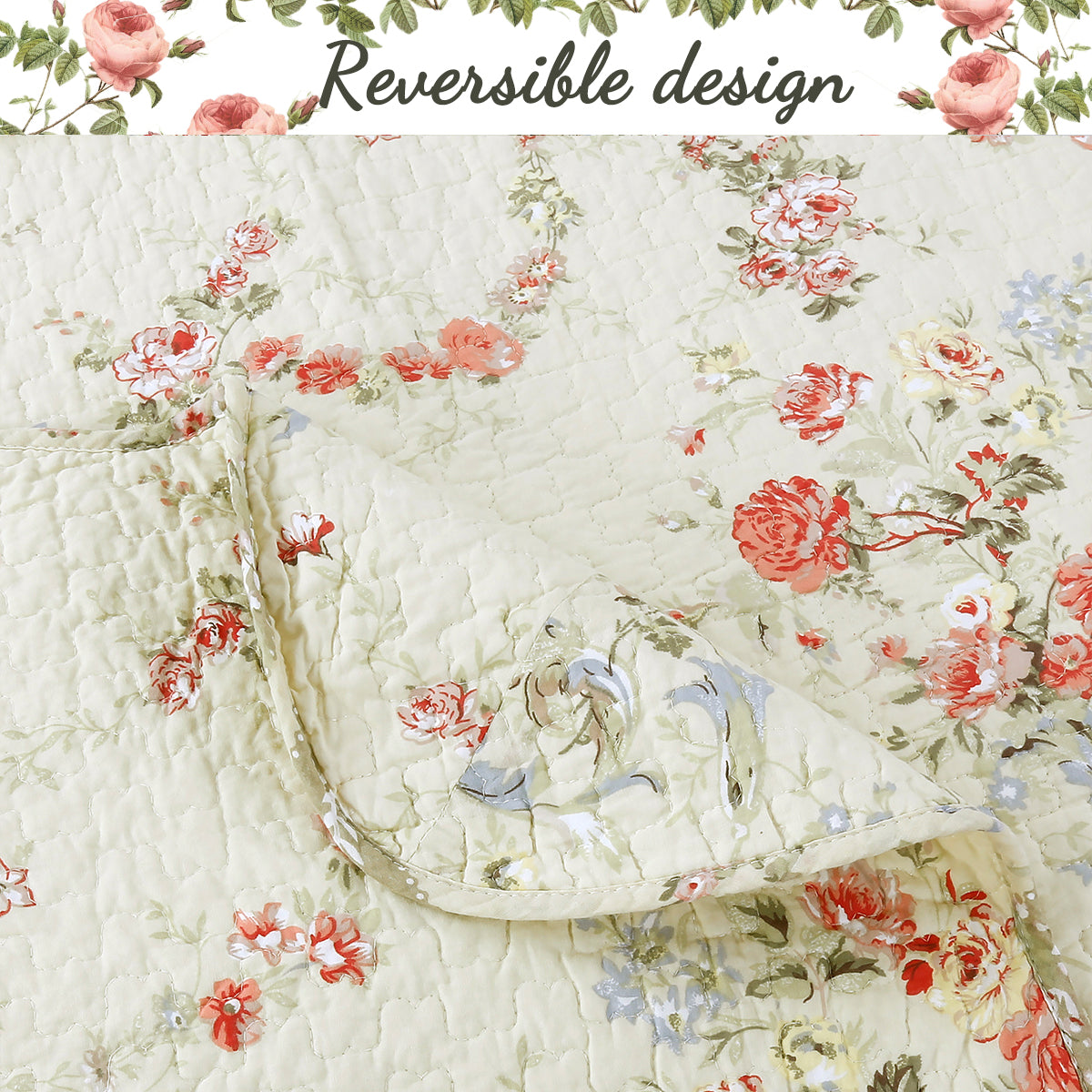 Rose Romance Floral Cotton Reversible Quilt Bedding Set – Cozy