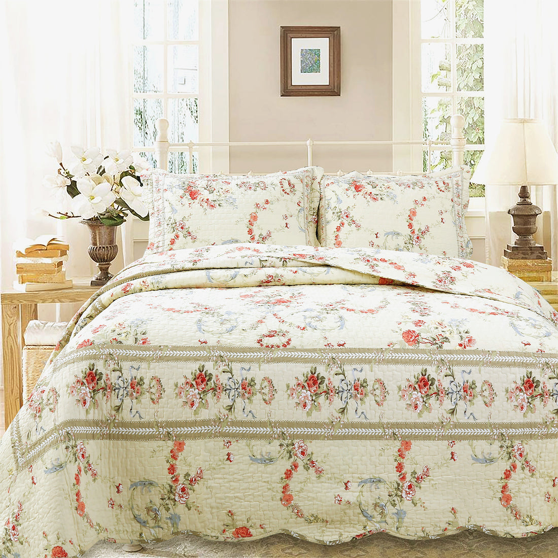 Rose Romance Floral Cotton Reversible Quilt Bedding Set – Cozy Line ...