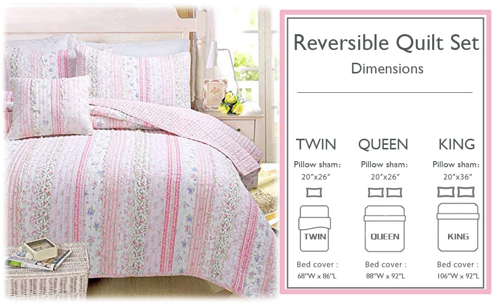 Romantic Chic Lace Ruffle Pink Real Patchwork Cotton Reversible Quilt  Bedding Set