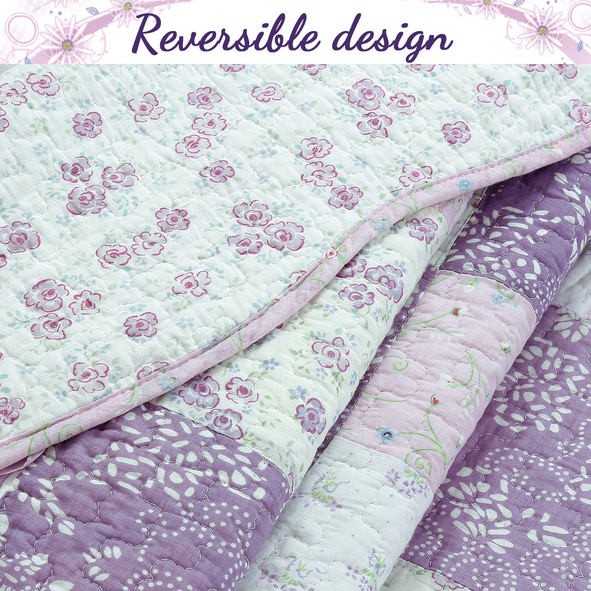 REVERSIBLE QUILT FLORAL LAVENDER PINK EMBRODERED BACK online MACHINE STITCH SCALLOPED