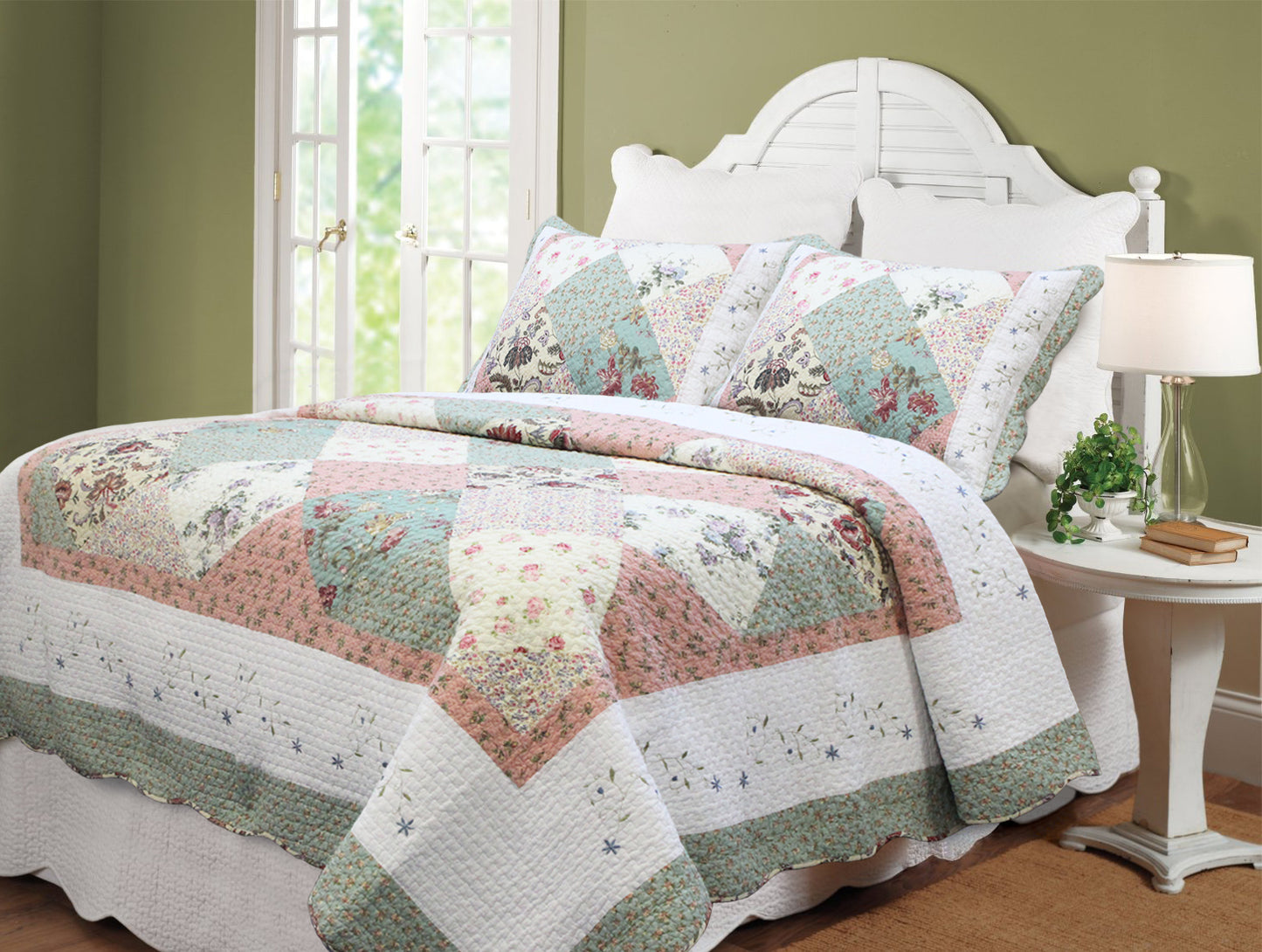 Grace Sage Green Real Patchwork Embroidered Scalloped Edge Cotton Reve –  Cozy Line Home Fashions