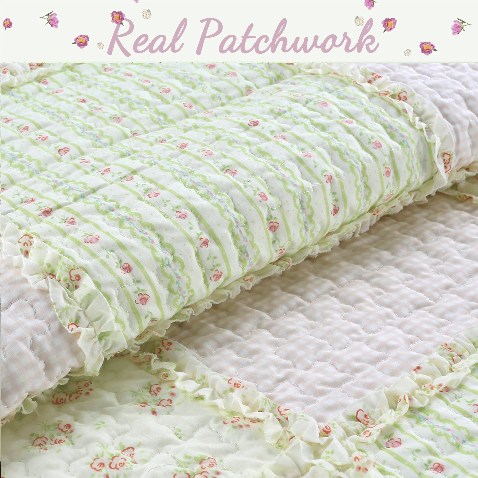 Sweet Peach Pink Floral Ruffle Scalloped Real Patchwork Cotton