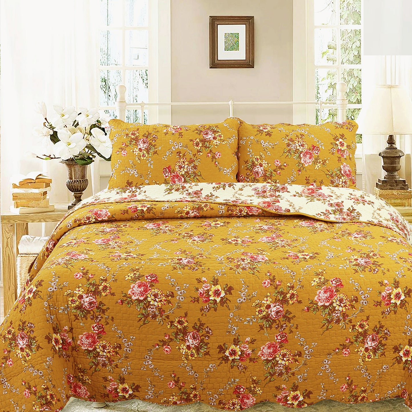 Pinegar Floral Scalloped Cotton 3-Piece Reversible Quilt Bedding Set