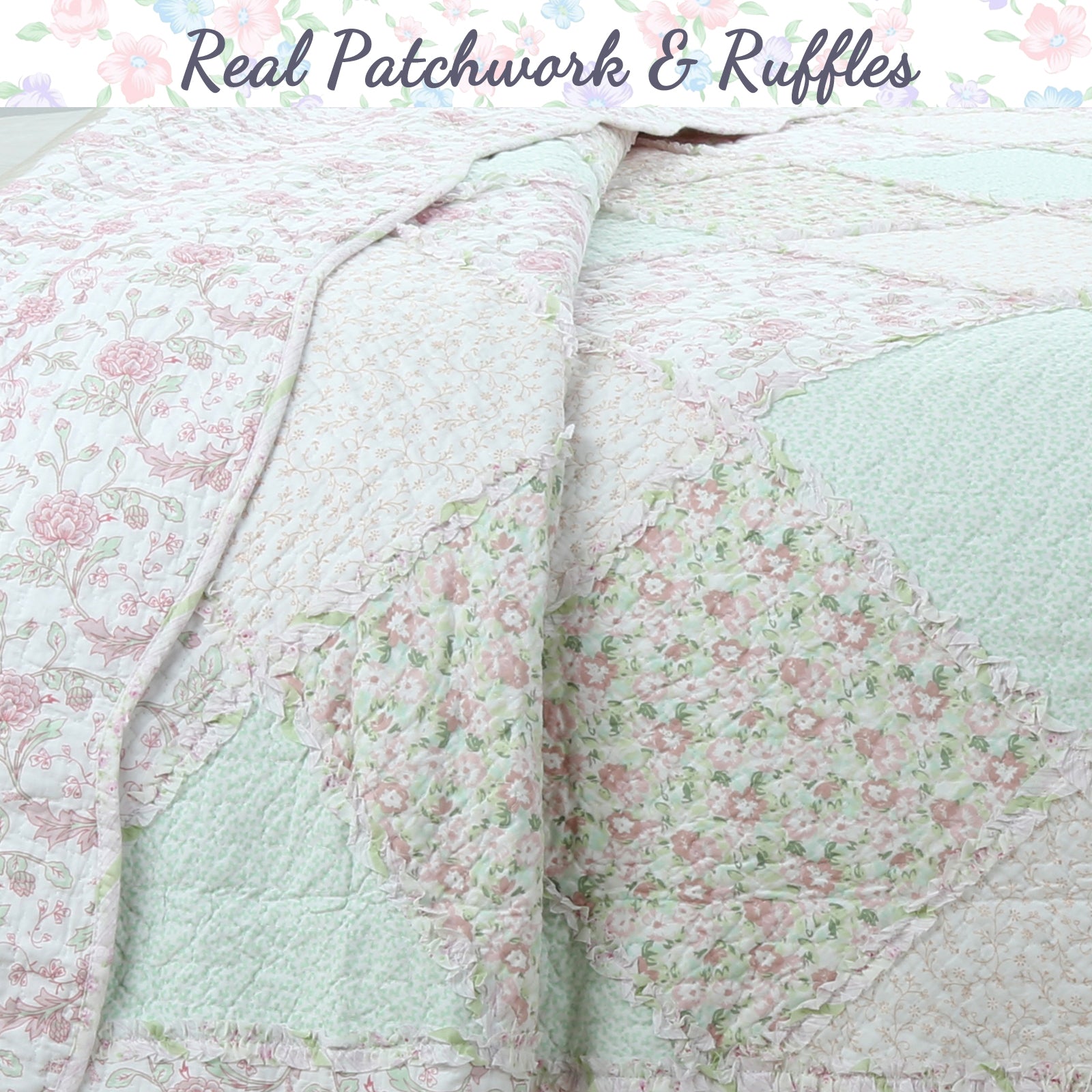 Vintage 80’s Patchwork Pink Lavender outlet Handcrafted Quilt Ruffle Scallop Edge 84X98