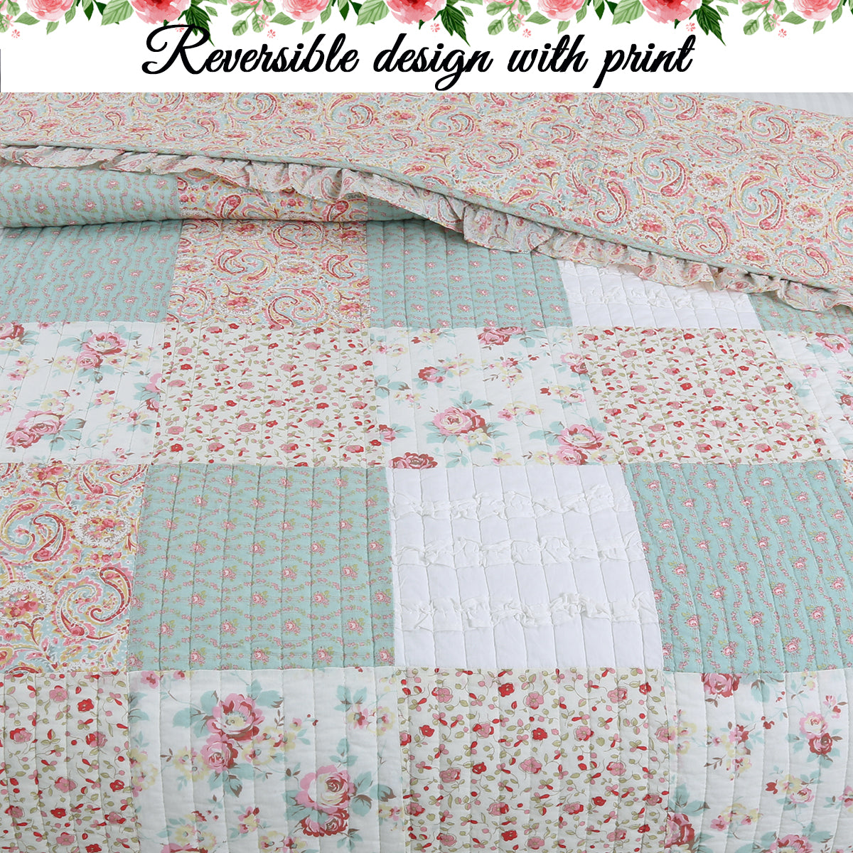 Mucci Floral Ruffle Real Patchwork Cotton 3-Piece Reversible Quilt Bedding  Set