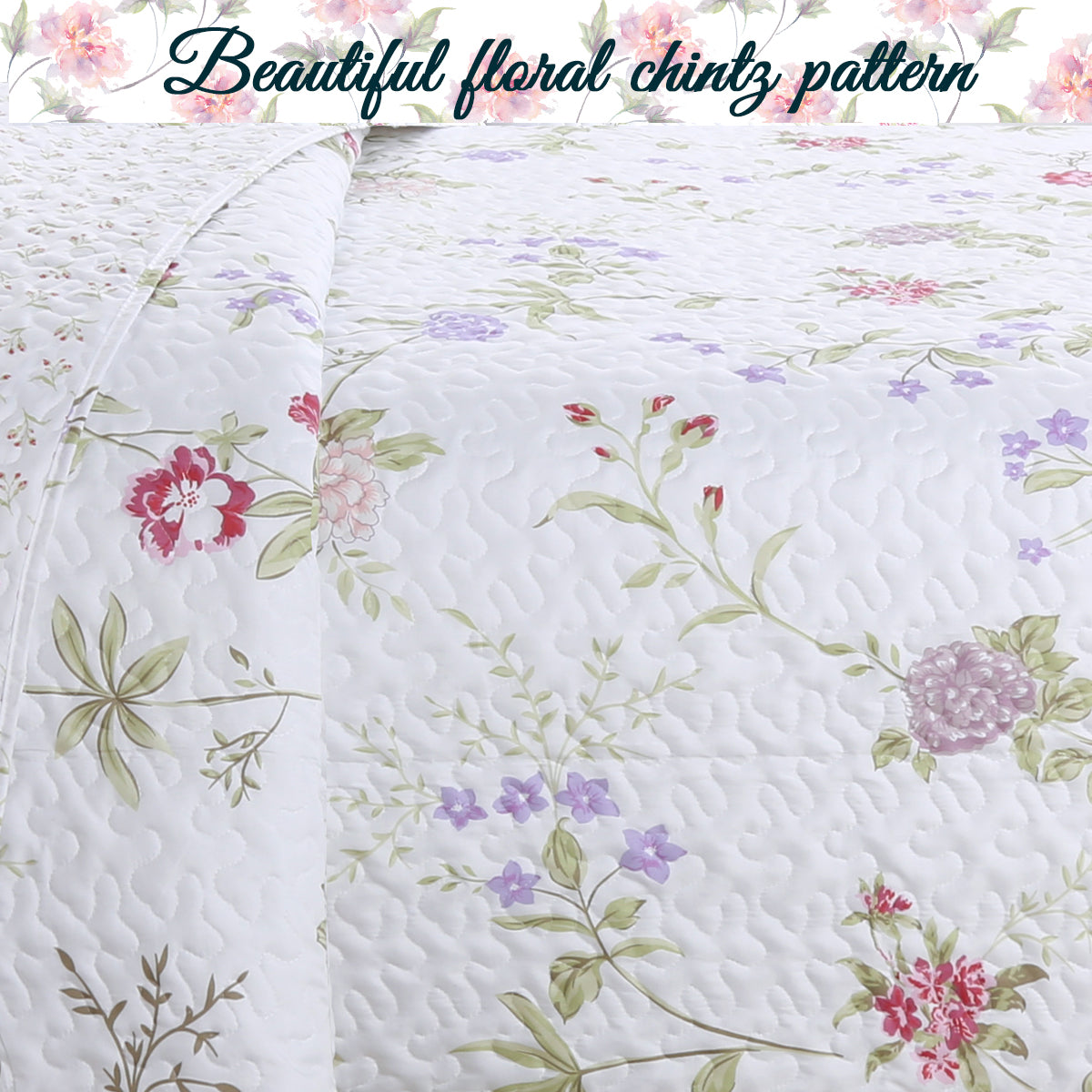 Lucie Light Pink Lavender Floral 3-Piece Reversible Quilt Bedding