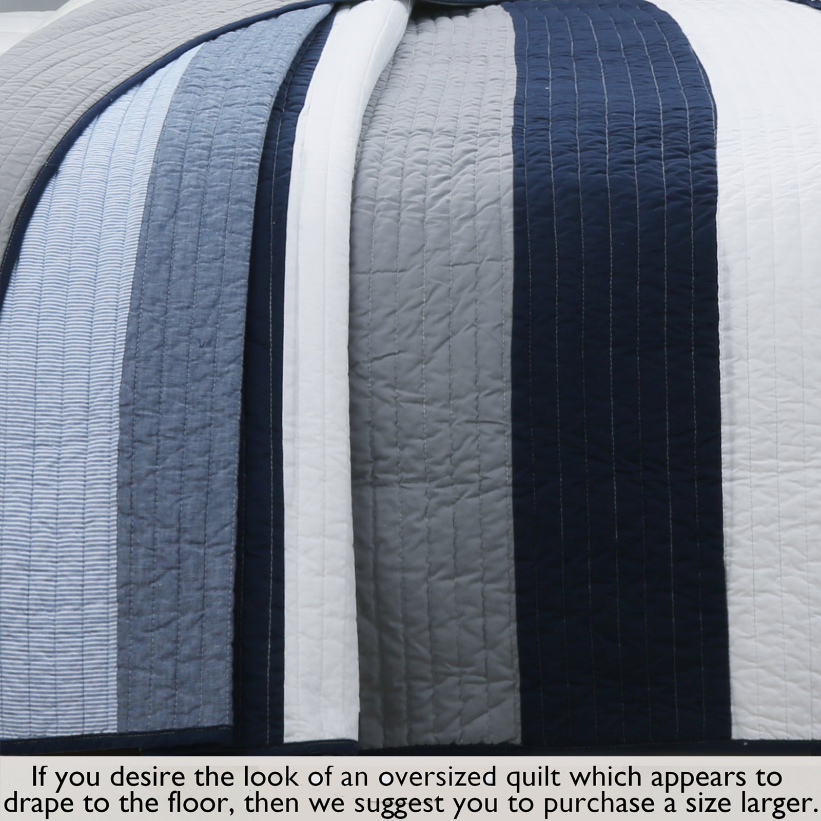 Tranquil Blue Gray Stripe Real Patchwork Cotton Reversible Quilt