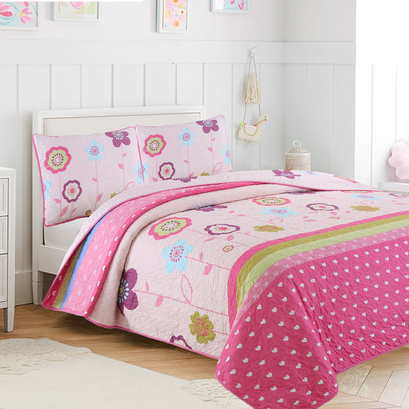 Pink Flower Garden Girl Print Reversible Quilt Bedding Set – Cozy Line ...