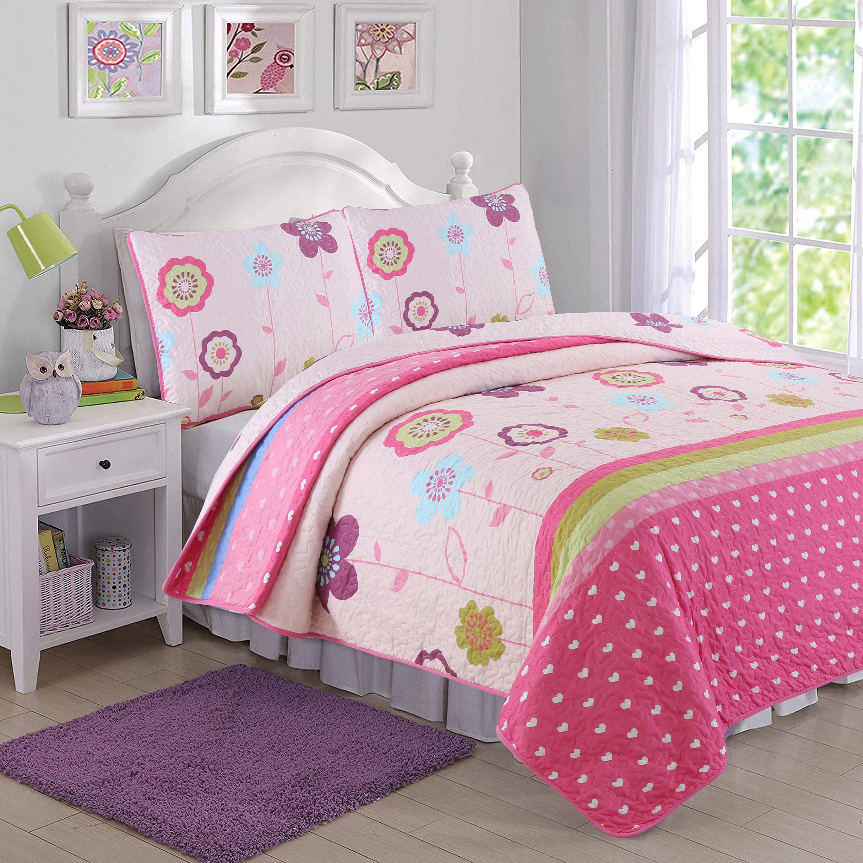Pink Flower Garden Girl Print Reversible Quilt Bedding Set – Cozy Line ...