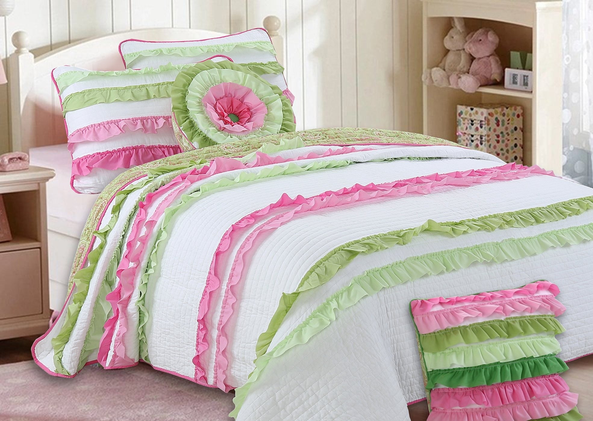 Pink Green Chic Ruffle Girl Cotton Reversible Quilt Bedding Set