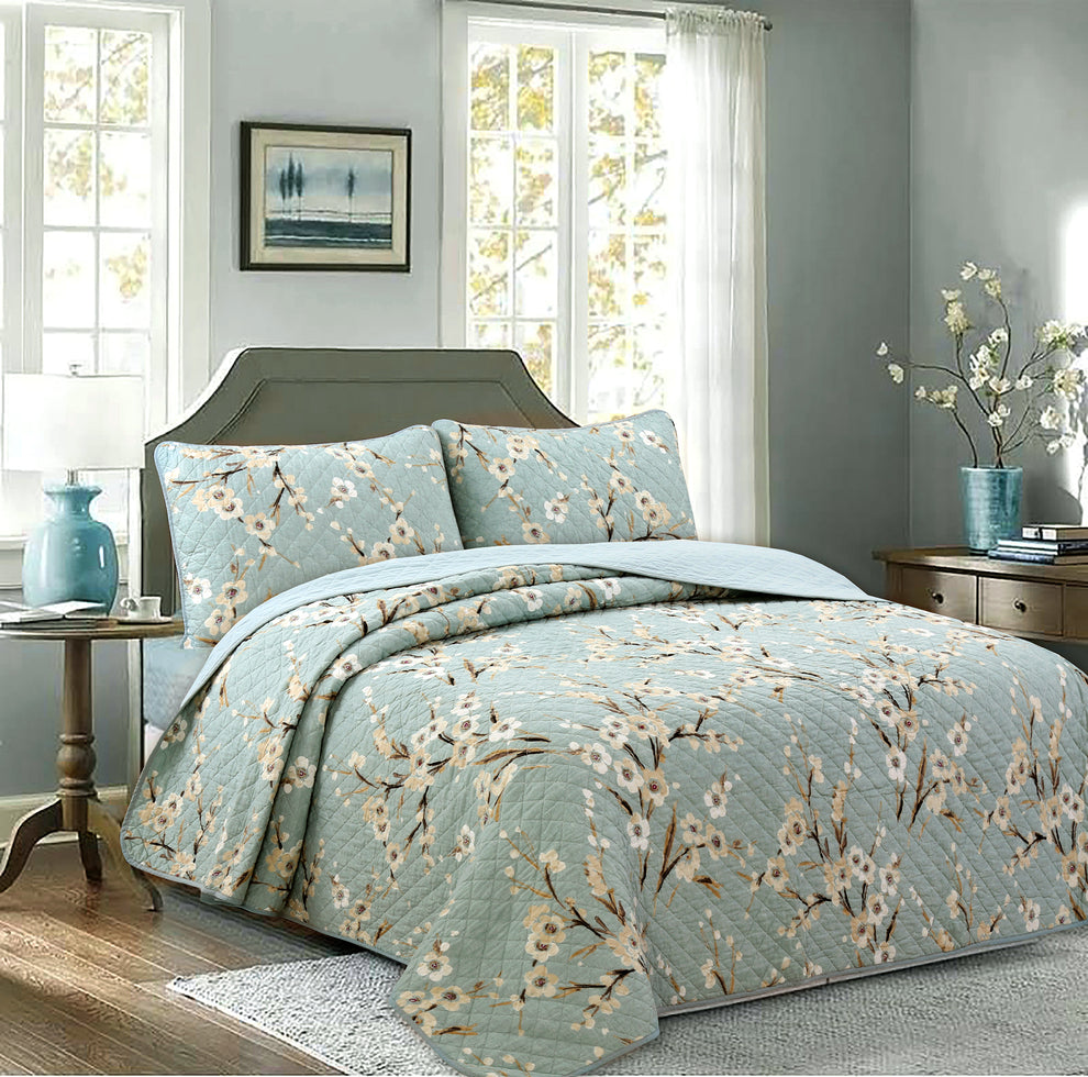 Cream Cherry Blossom Floral Cyan Blue Green 3-Piece Reversible Quilt B ...