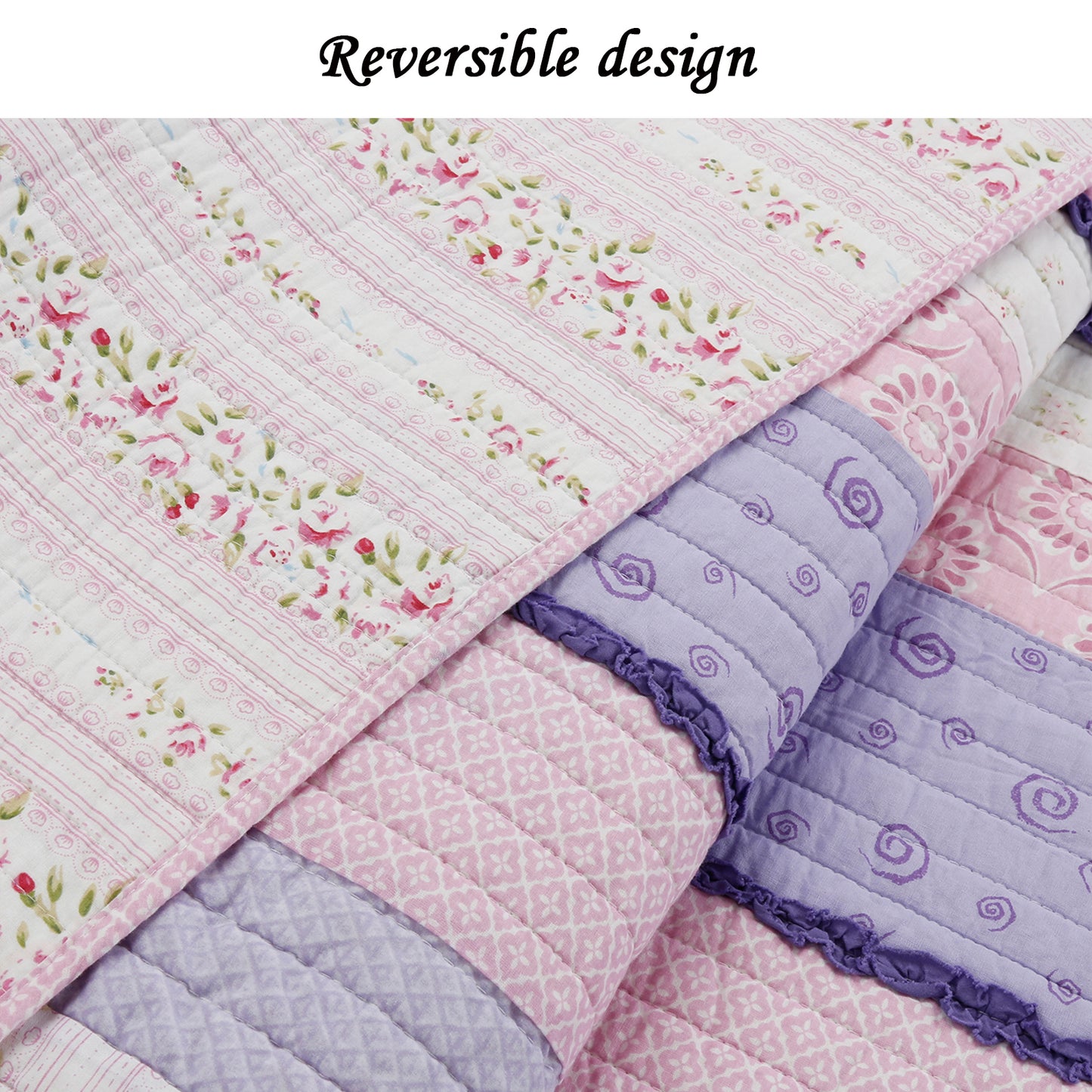 Fun Floral Ruffle Stripe Real Patchwork Pink Purple Cotton Reversible Quilt Bedding Set