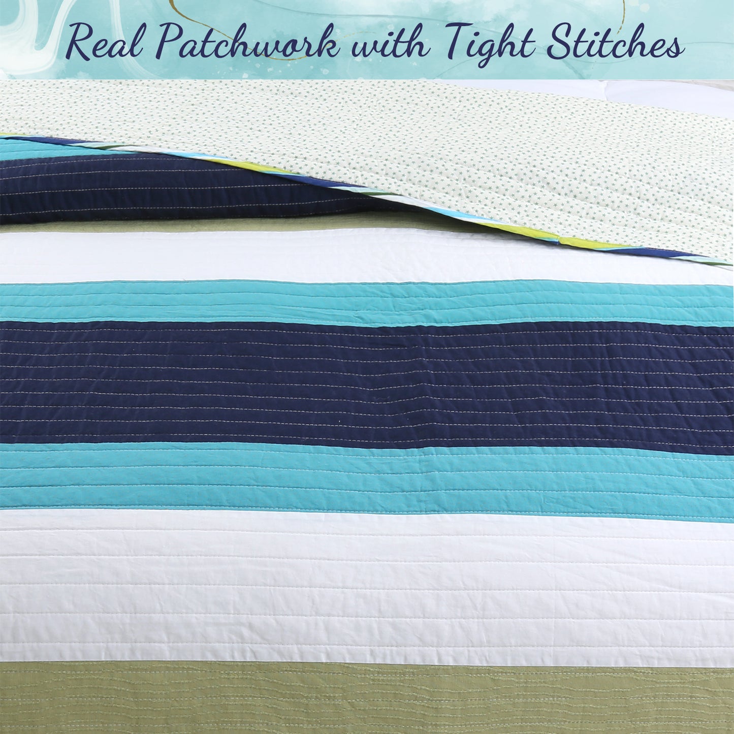 Aquamarine Striped Navy Blue Green Star Dot Cotton Reversible Quilt Bedding Set