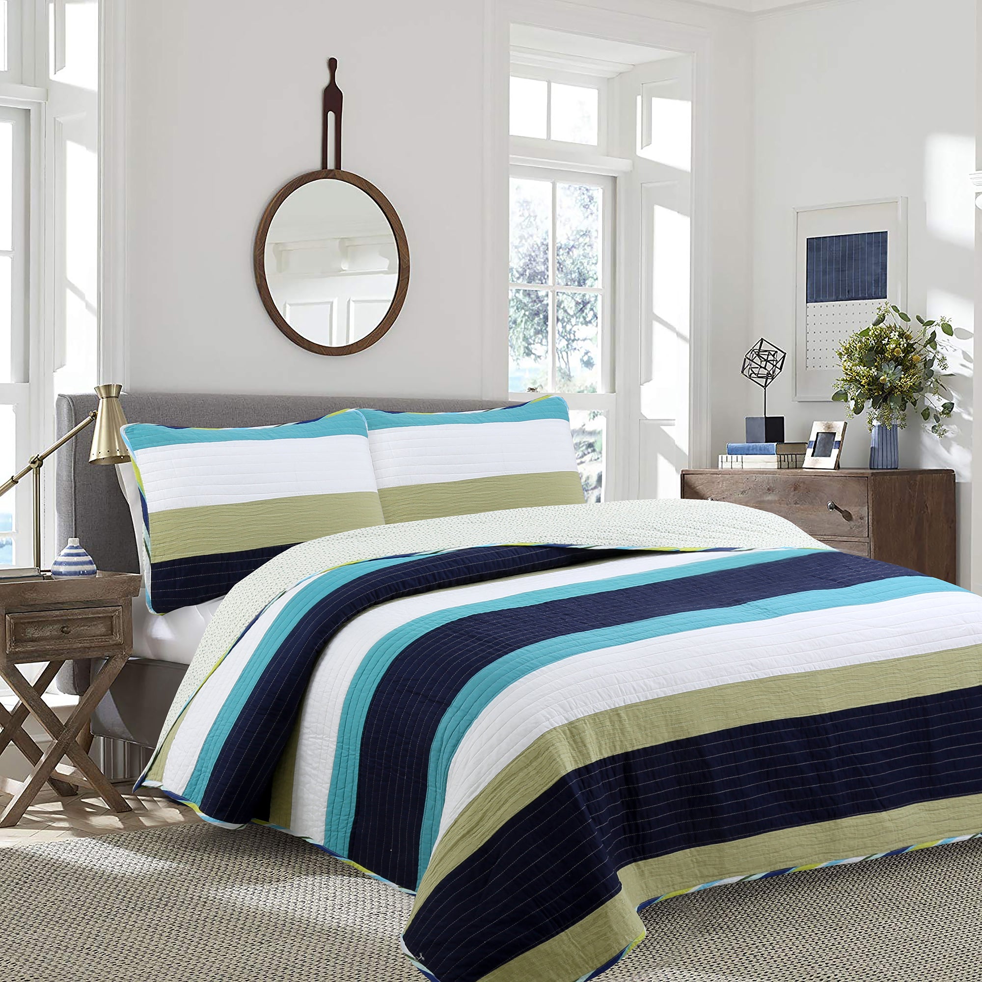 Cozy Line Home Fashion Aquamarine Stripe Patchwork Twin Reversible Quilt Bedding Set