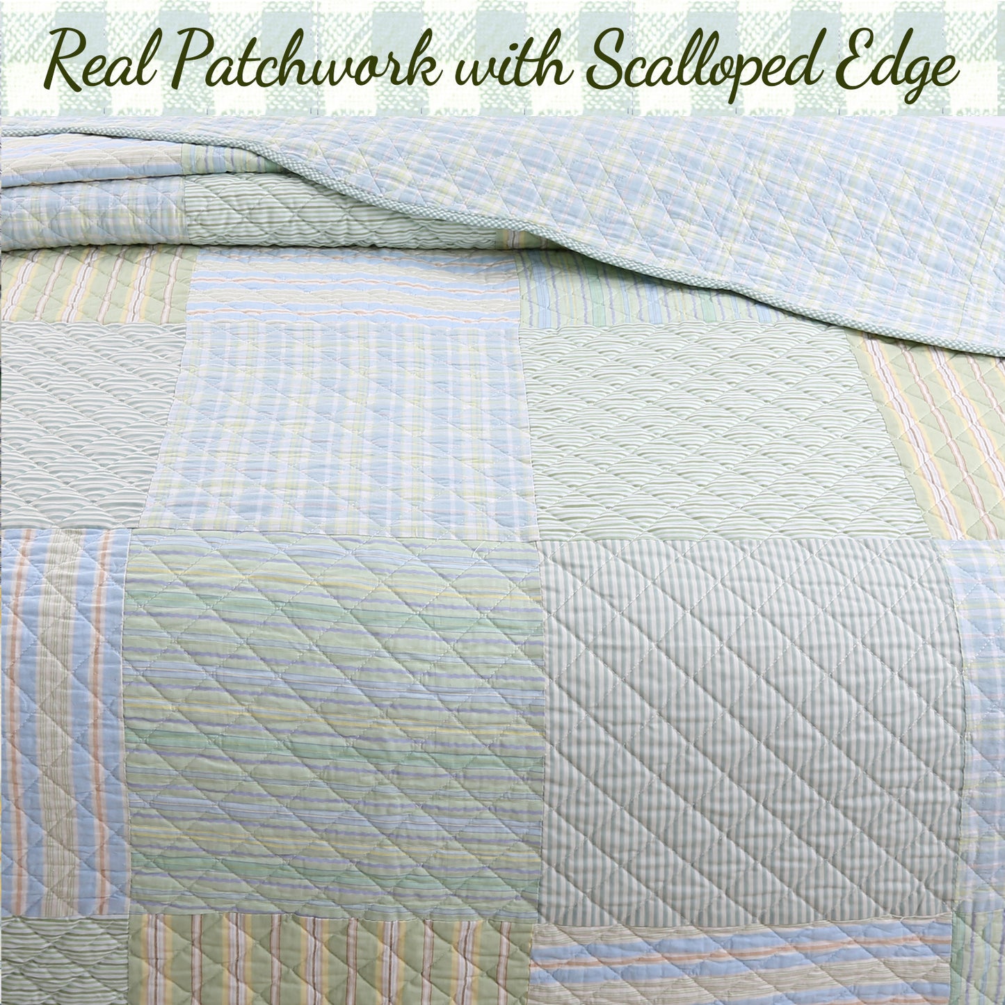 Square Real Patchwork Plaid Stripes Blue Green Scalloped 3-Piece Cotton Reversible Quilt Bedding Set