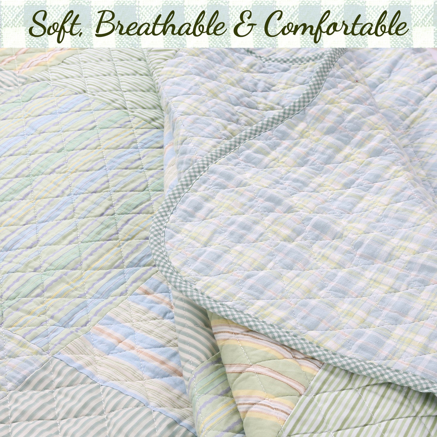 Square Real Patchwork Plaid Stripes Blue Green Scalloped 3-Piece Cotton Reversible Quilt Bedding Set