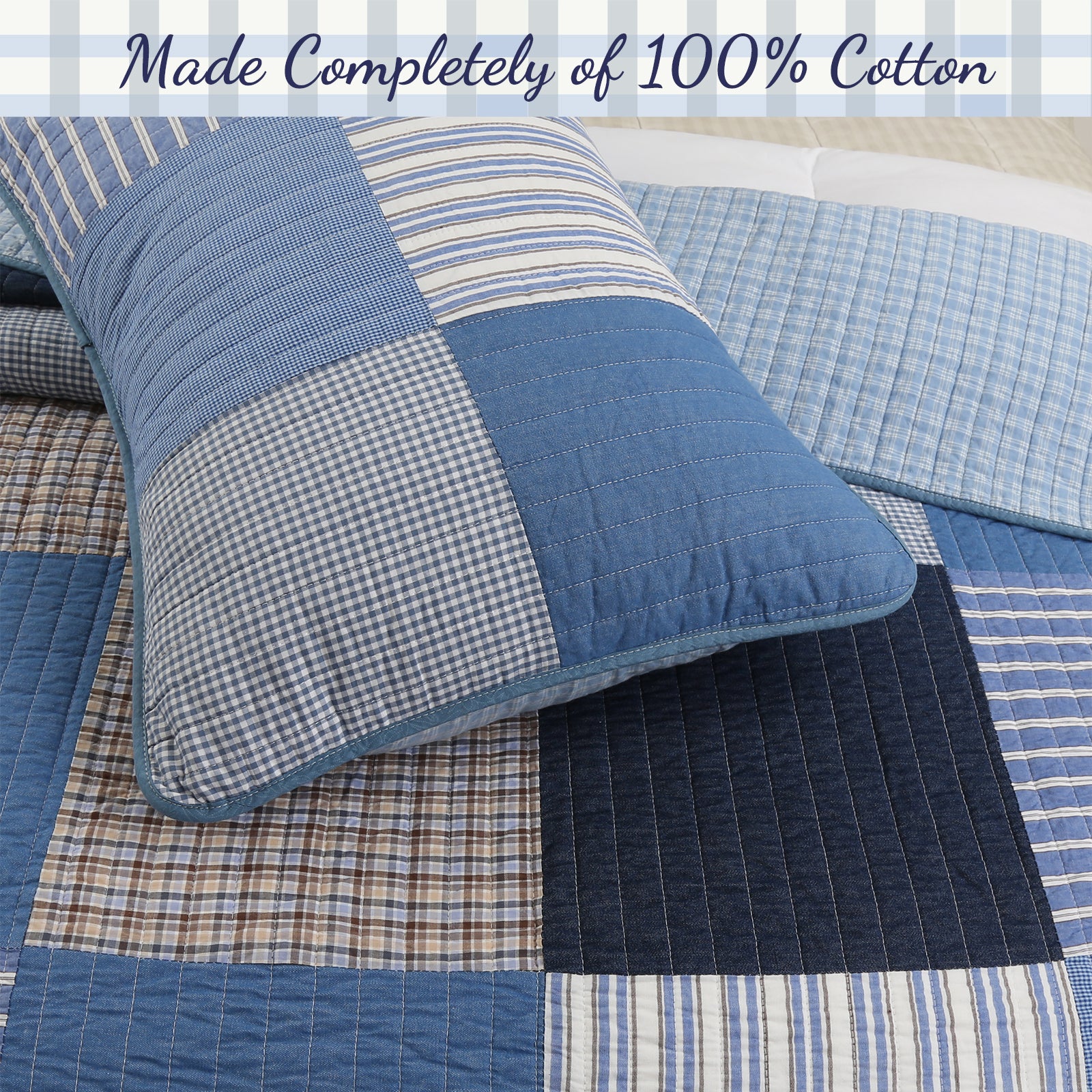 Blue Jean Plaid Stripes Tartan Real Patchwork Cotton Reversible Quilt  Bedding Set
